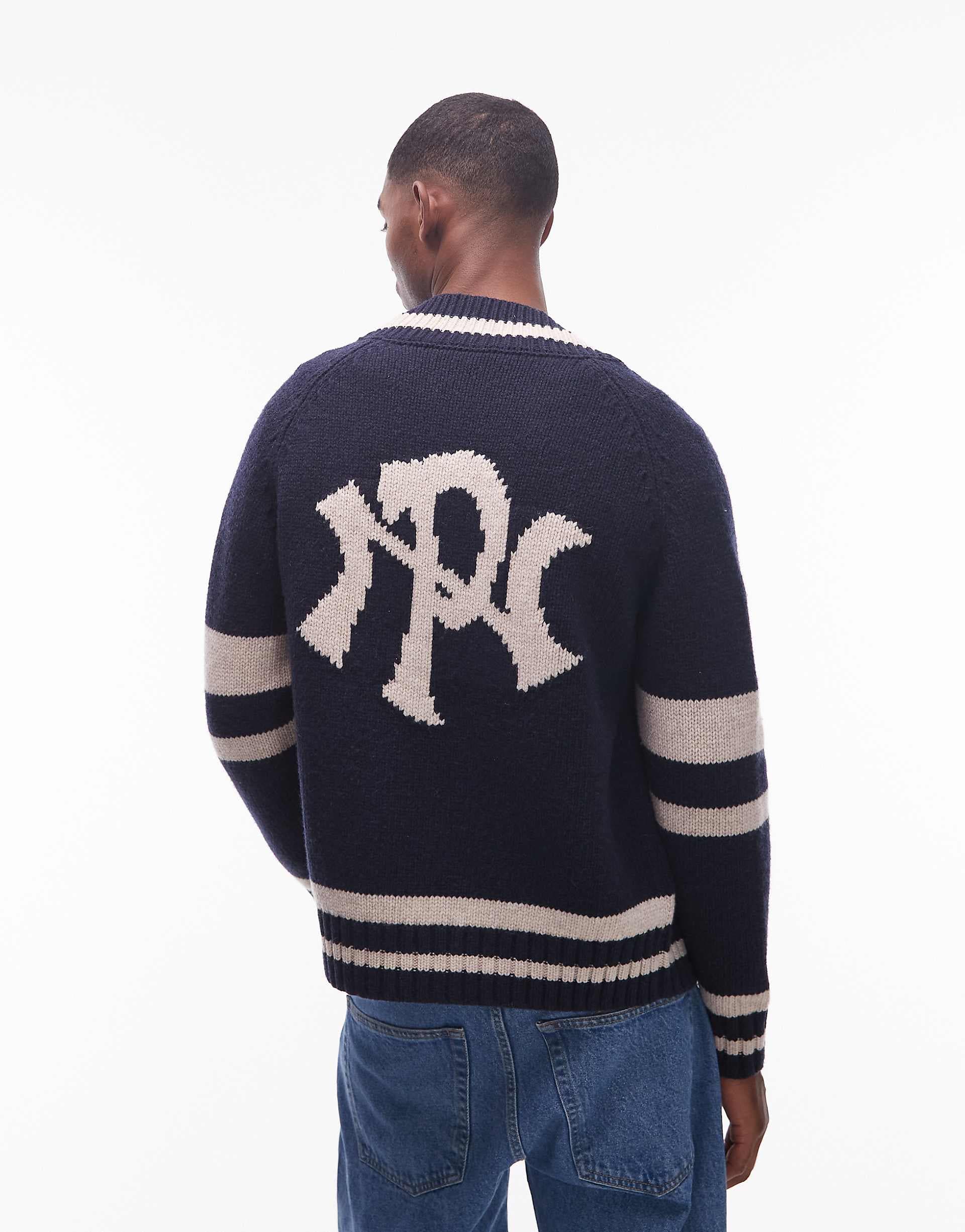 No Problemo zip up wool-mix knit sweater with contrast stripes in navy