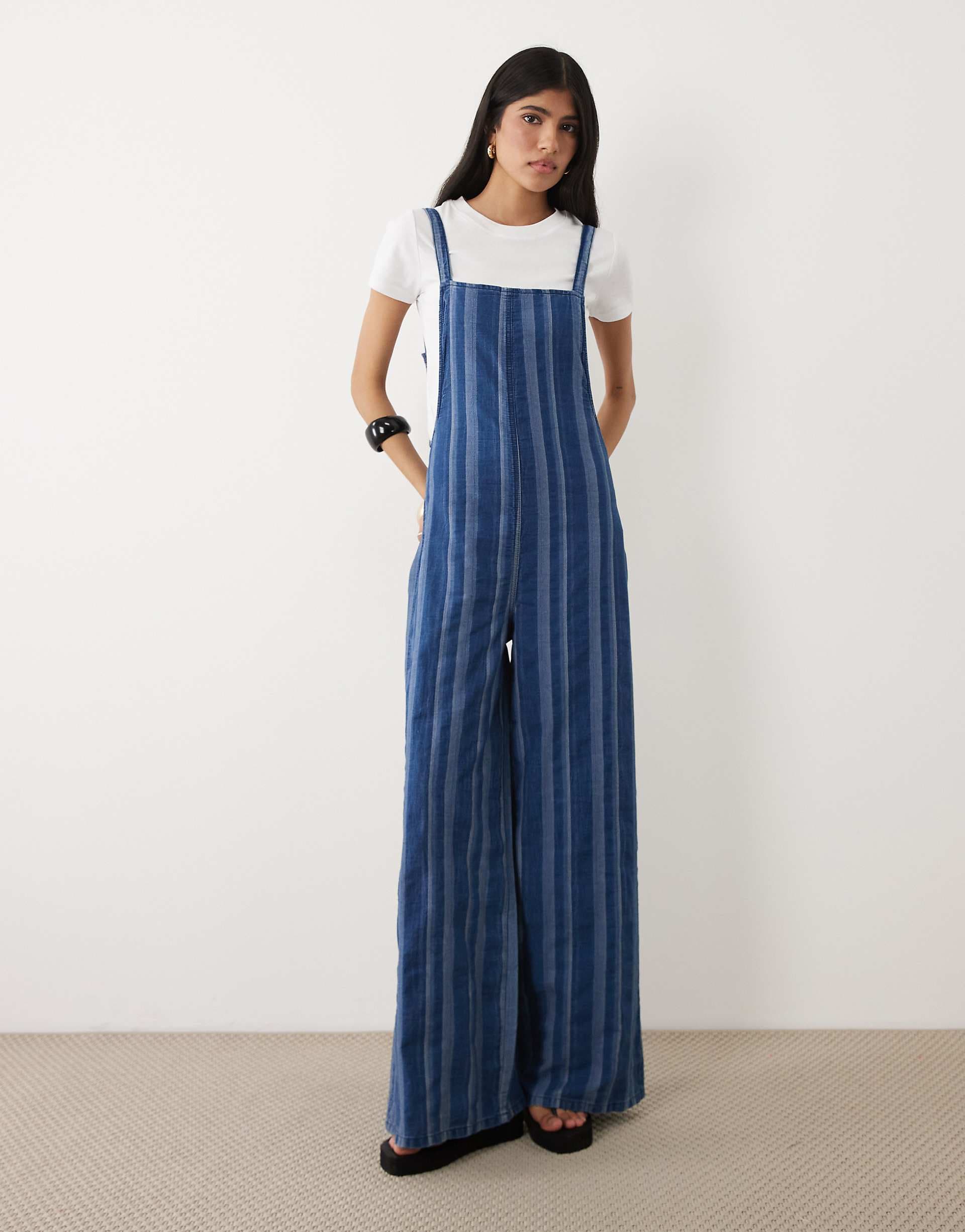 ASOS DESIGN soft denim wide leg jumpsuit in blue stripe