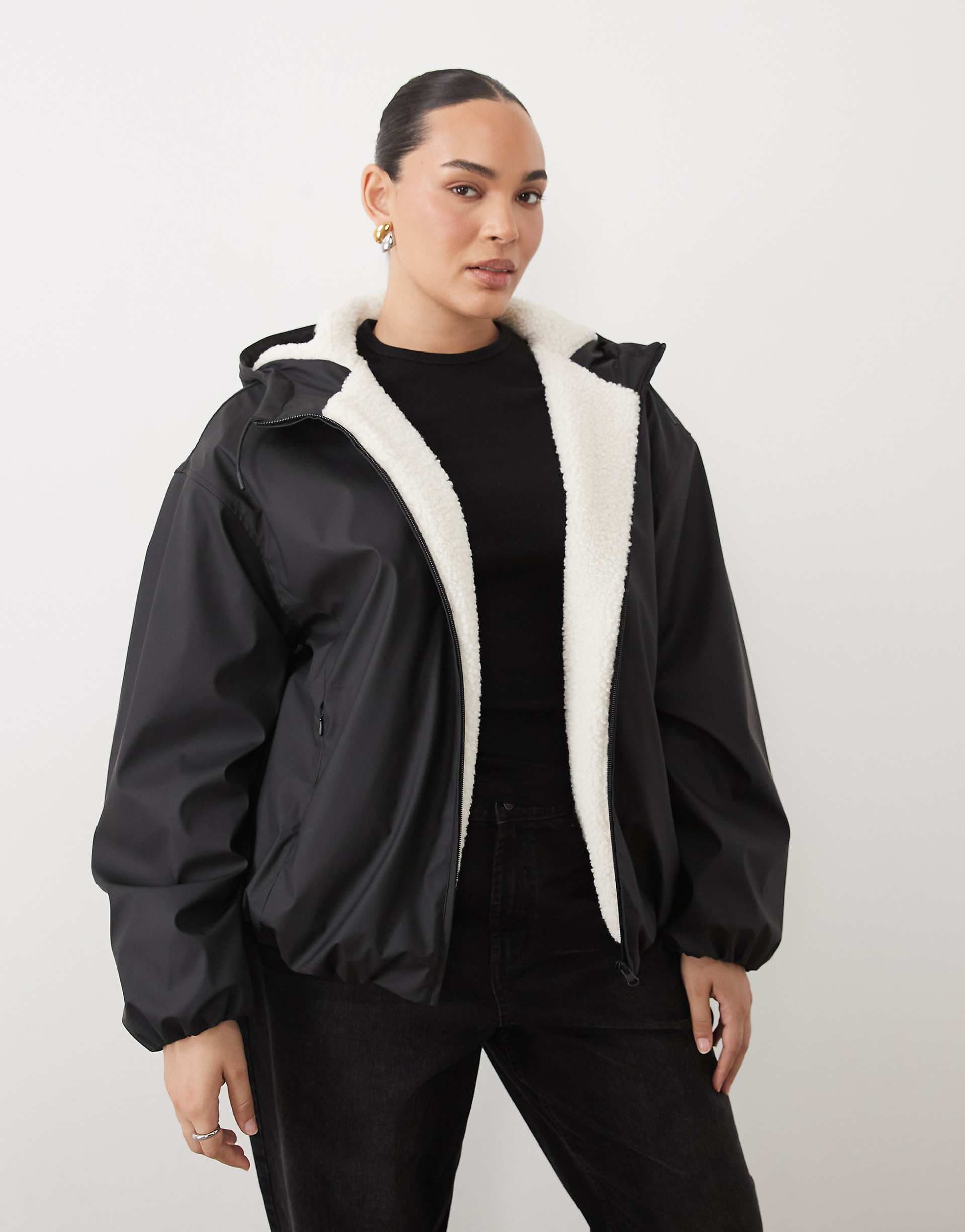 ASOS DESIGN Curve rubberized shower resistant bomber jacket in black