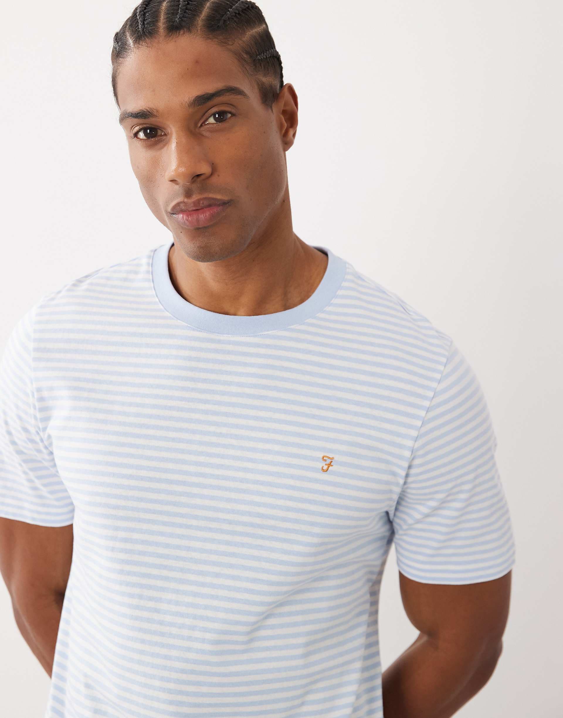 Farah Castle striped logo T-shirt in light blue/white
