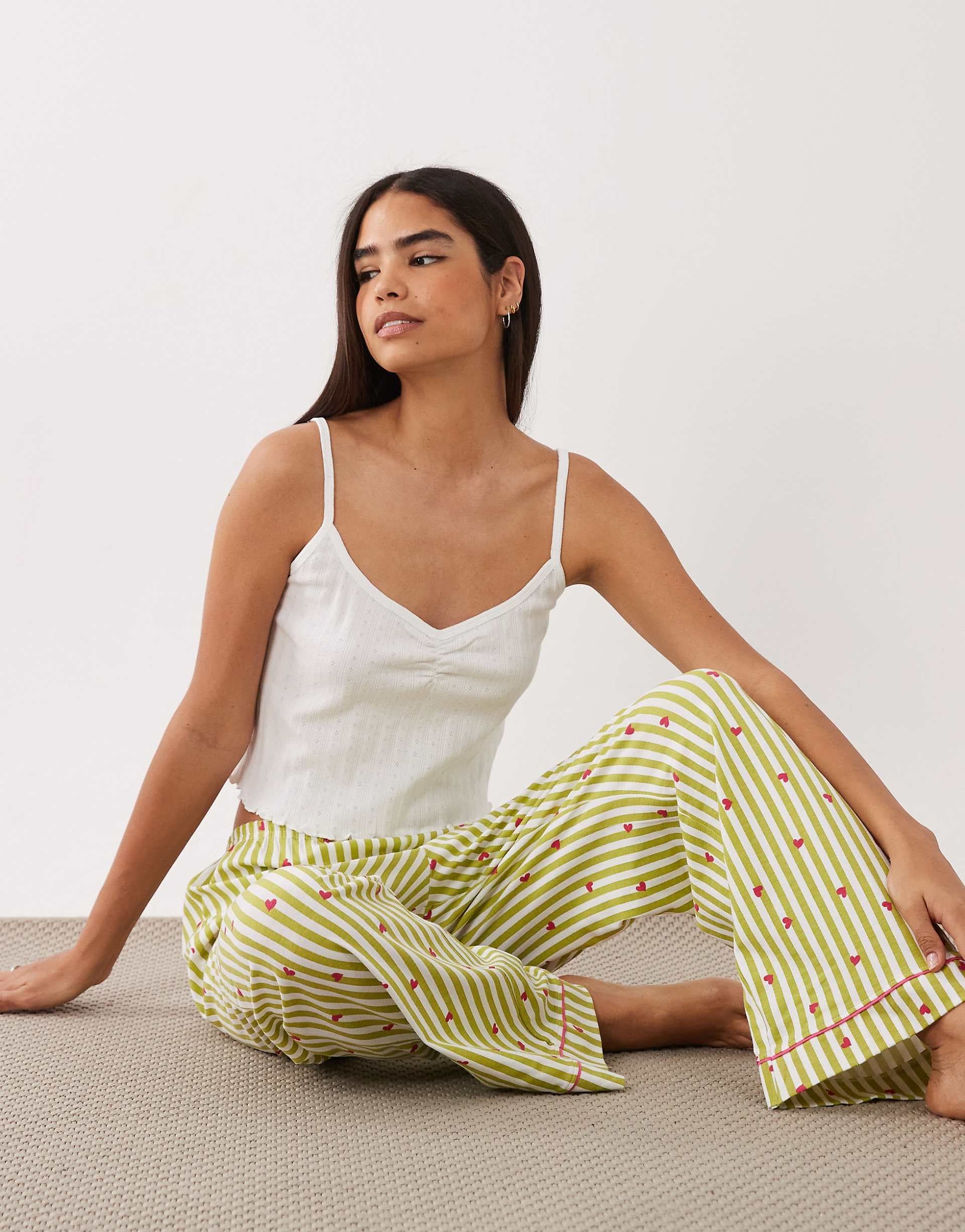 Wednesdays Girl cami top and pants pajama set in green heart striped print
