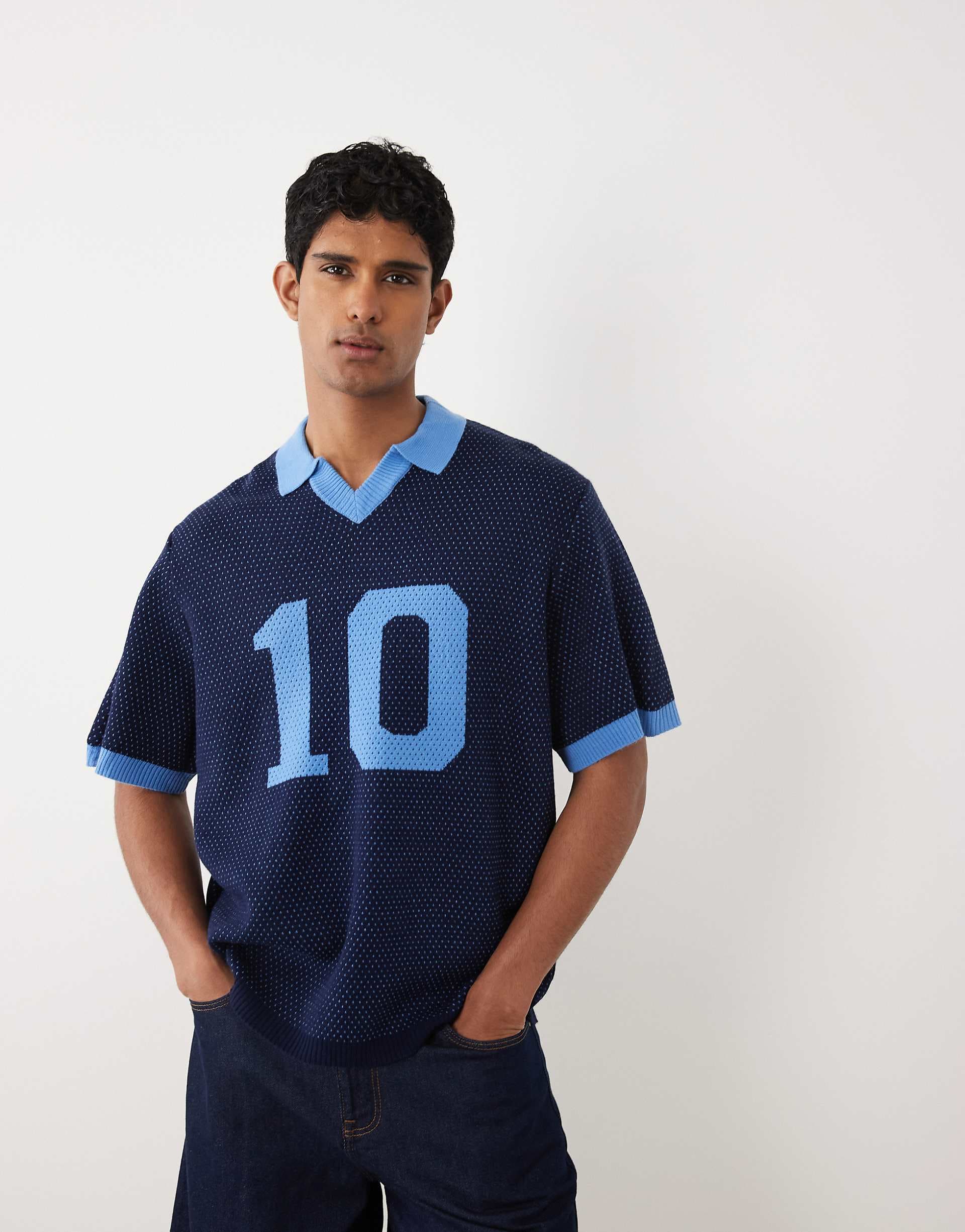 ASOS DESIGN oversized knit soccer notch polo with graphic in navy