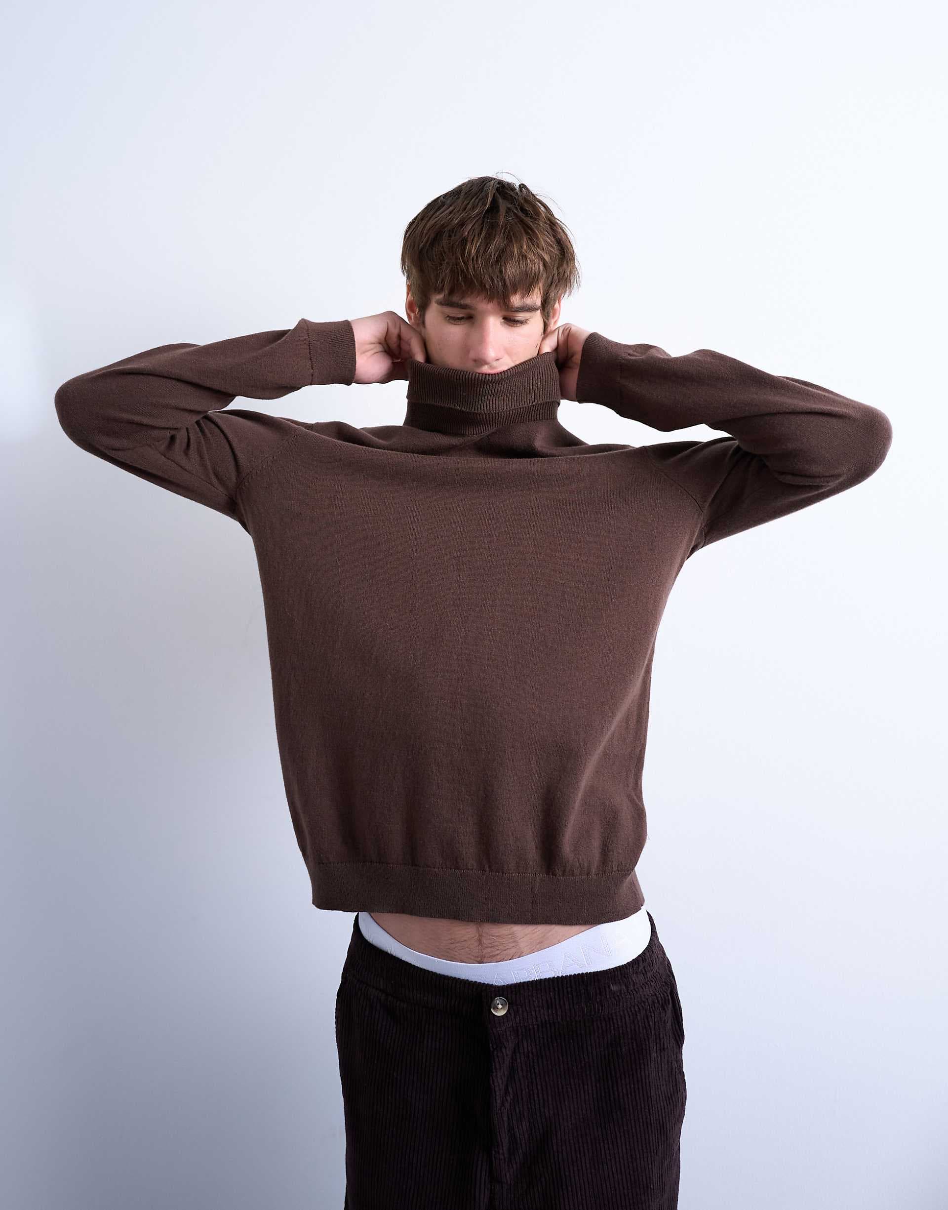Topman essential knit turtleneck sweater in brown