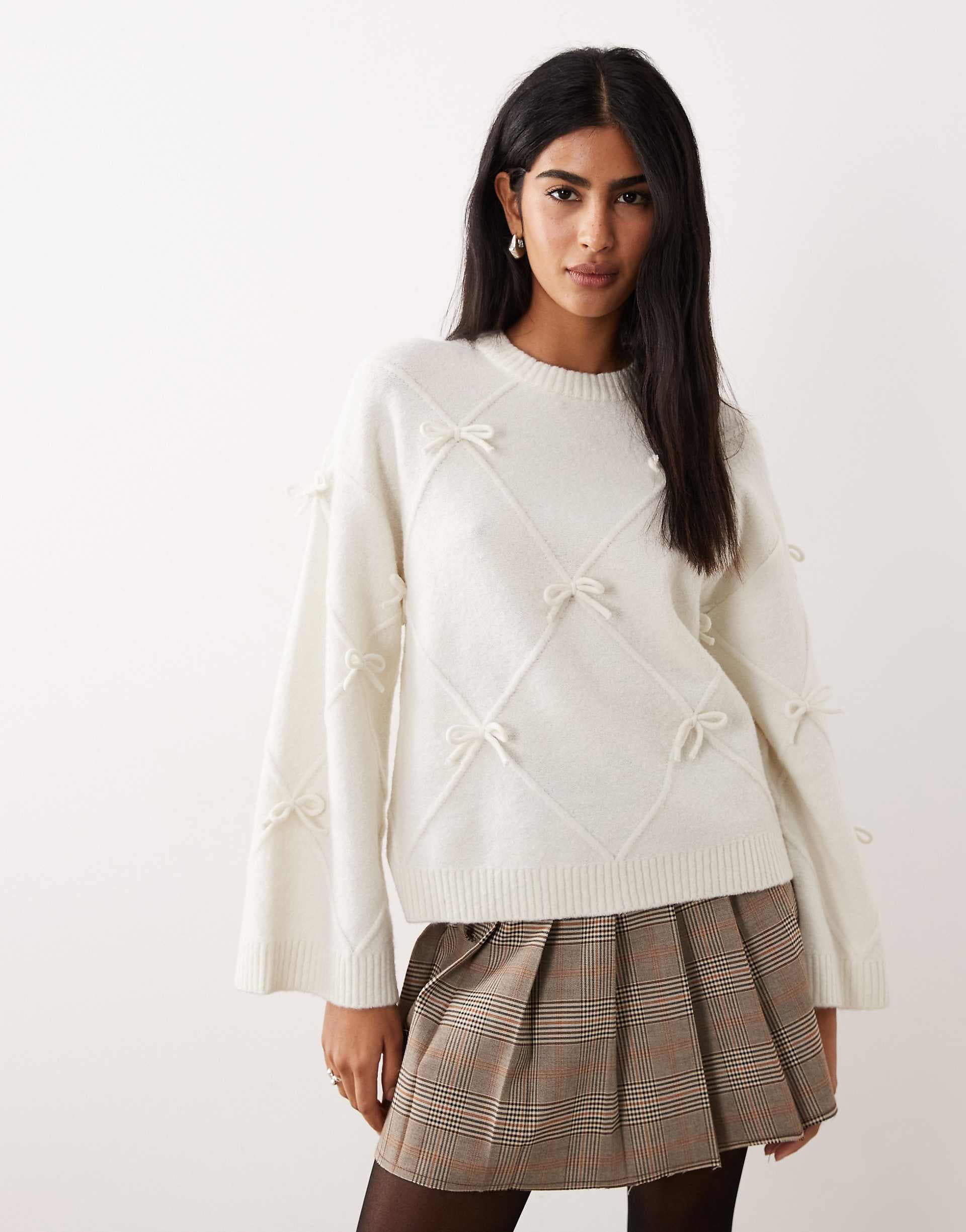 Gina Tricot knit bow trim sweater in cream