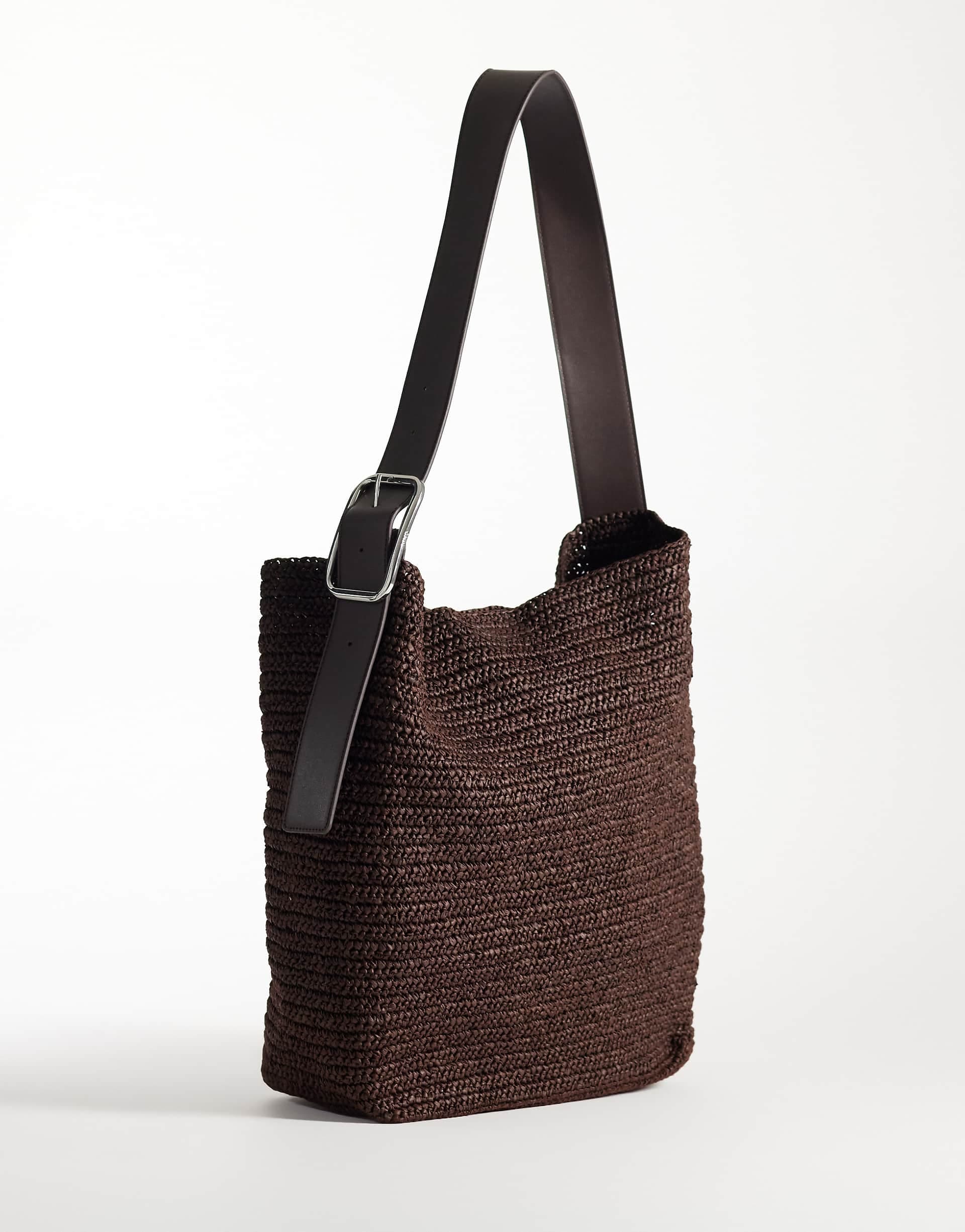 Mango buckle detail woven rectangle shoulder bag in chocolate