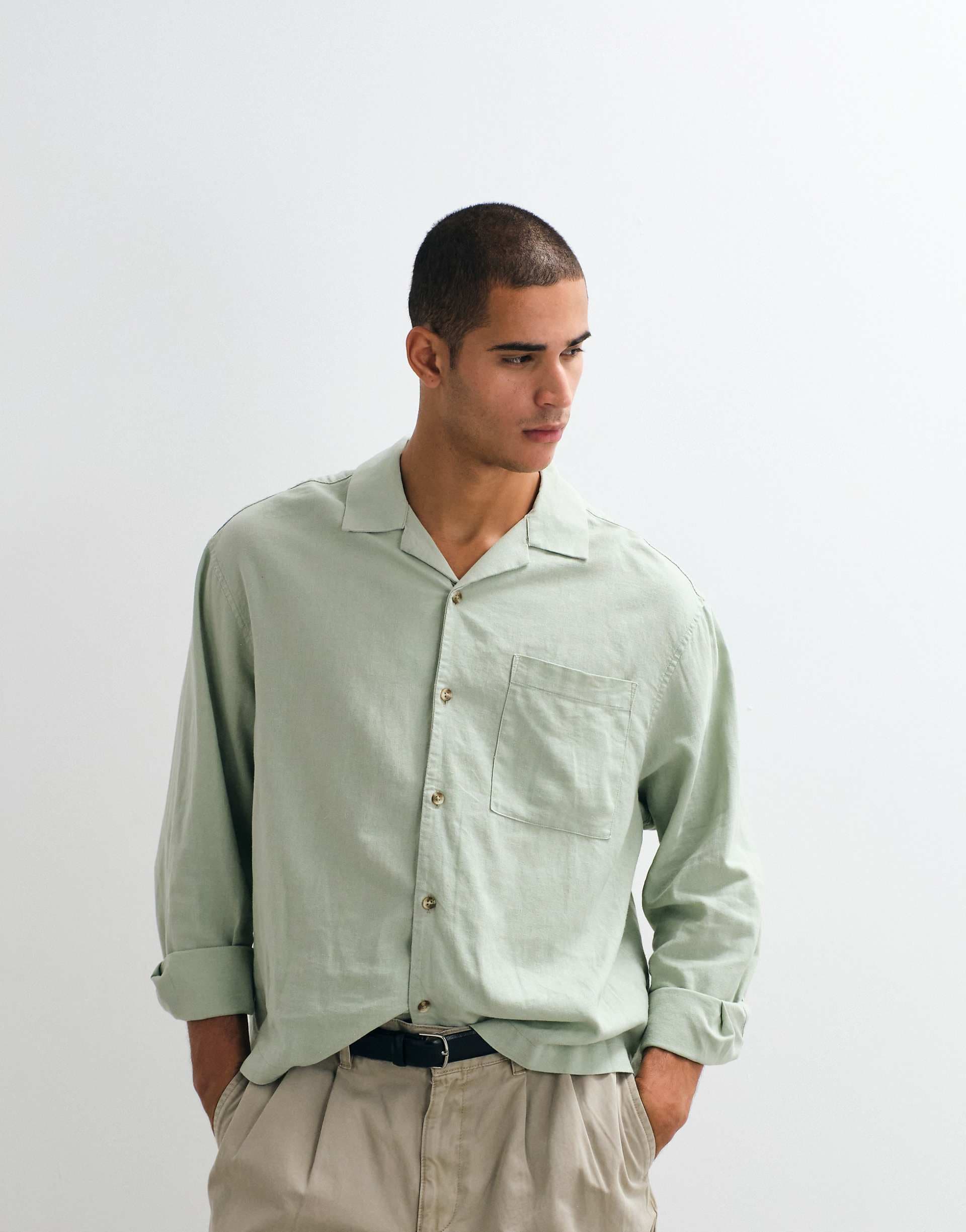 ASOS DESIGN boxy oversized revere linen blend shirt in sage green
