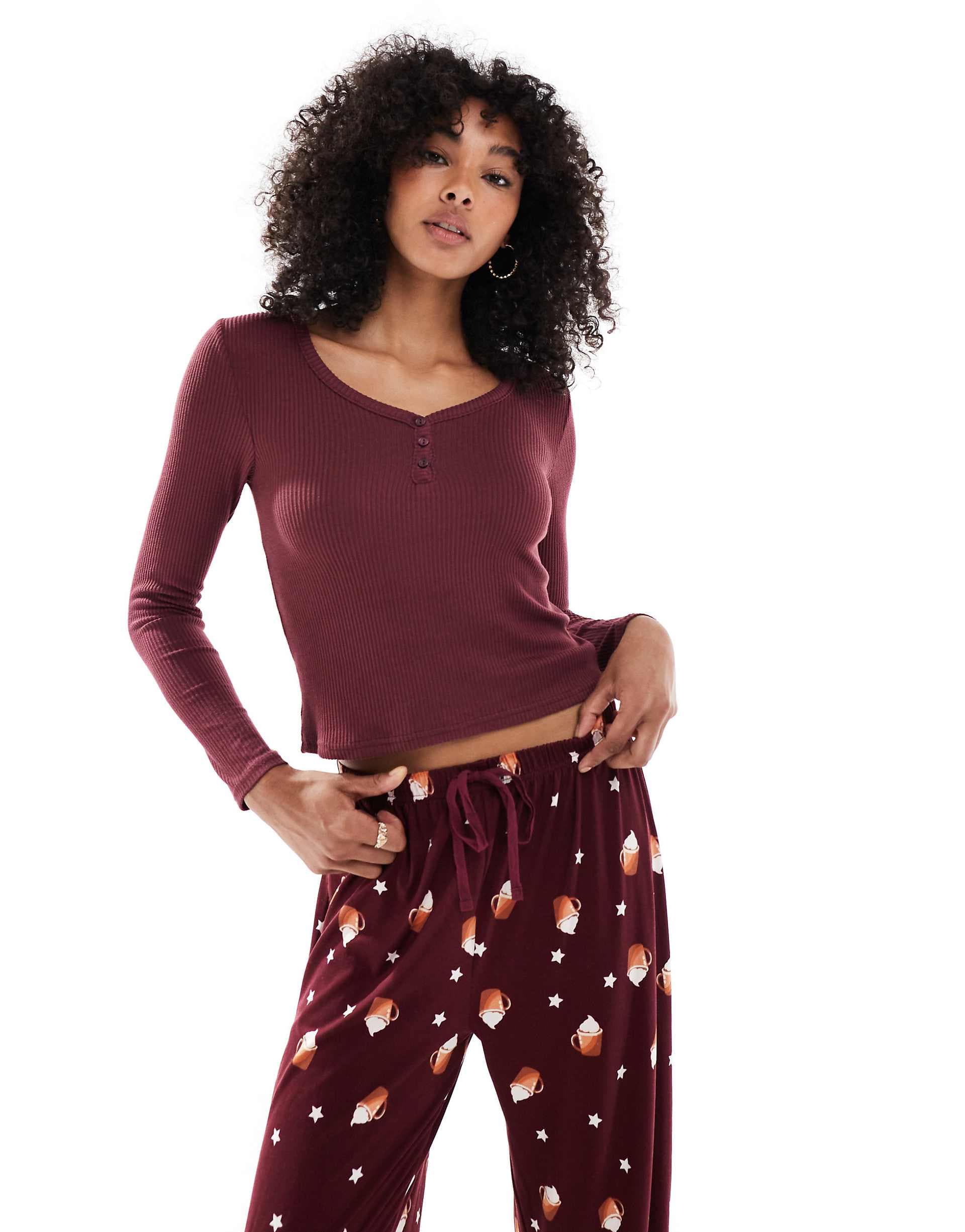 Loungeable henley top and printed pants pajama set in spiced latte print