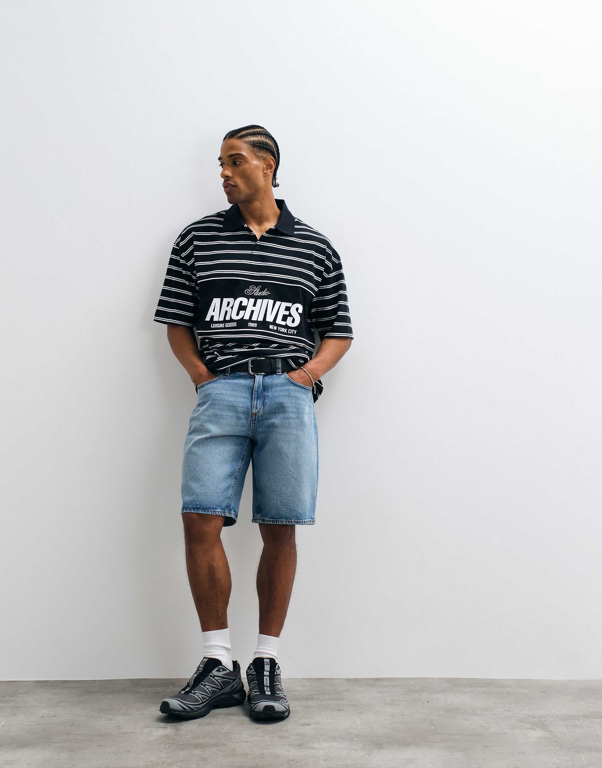 ASOS DESIGN oversized polo with black and white stripes