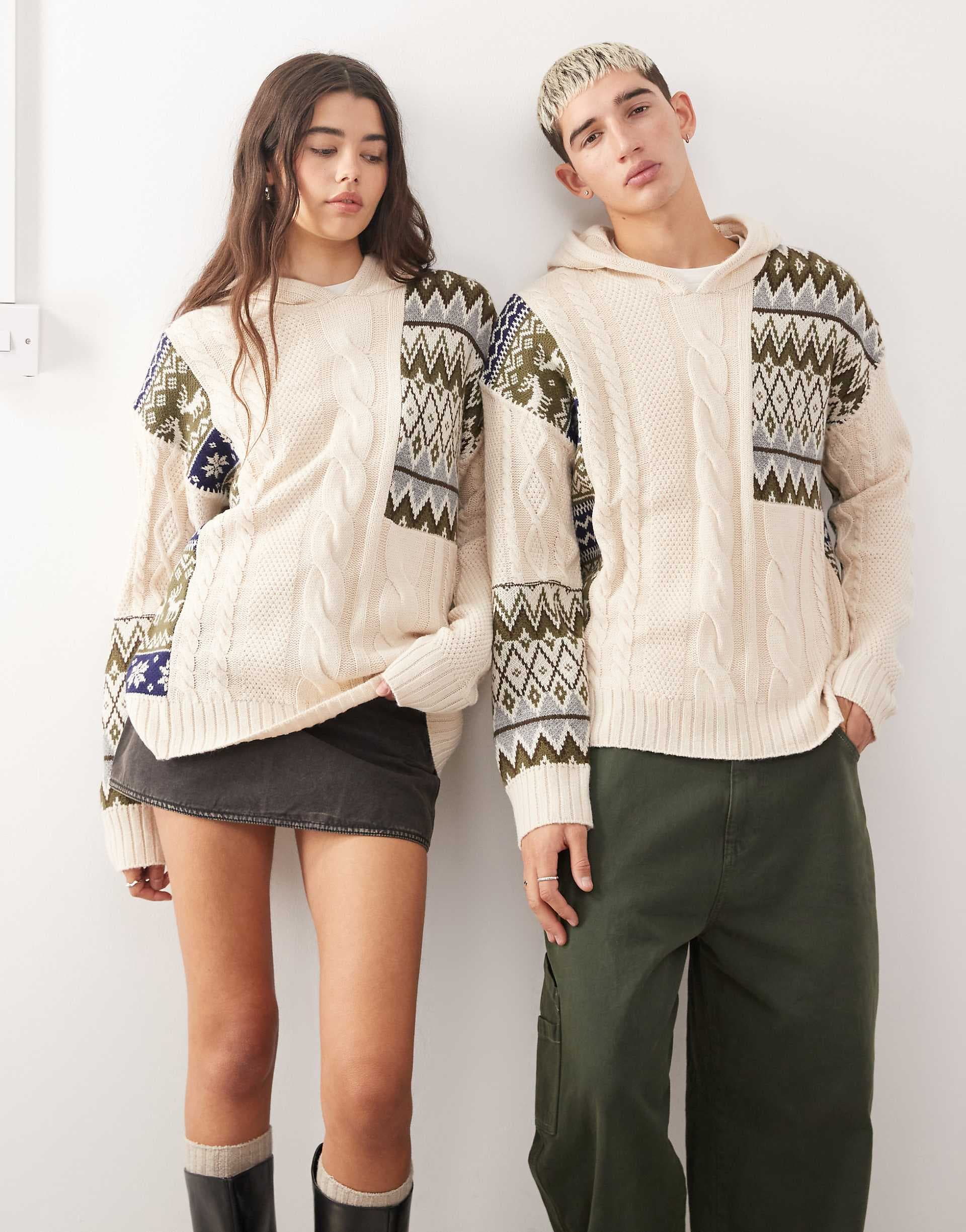 COLLUSION Unisex spliced fairisle cable knit hoodie