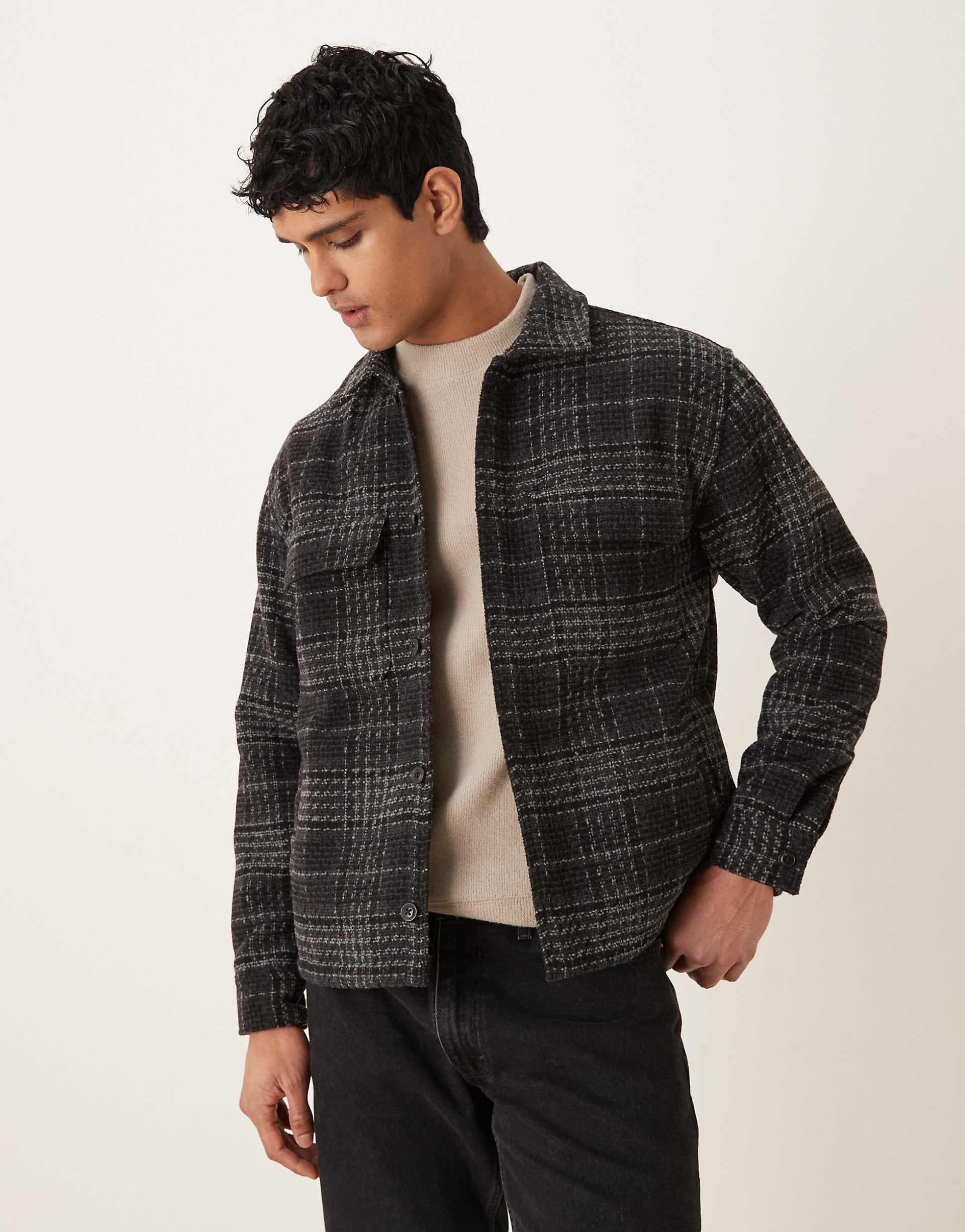Abercrombie & Fitch relaxed boucle shirt jacket in black plaid
