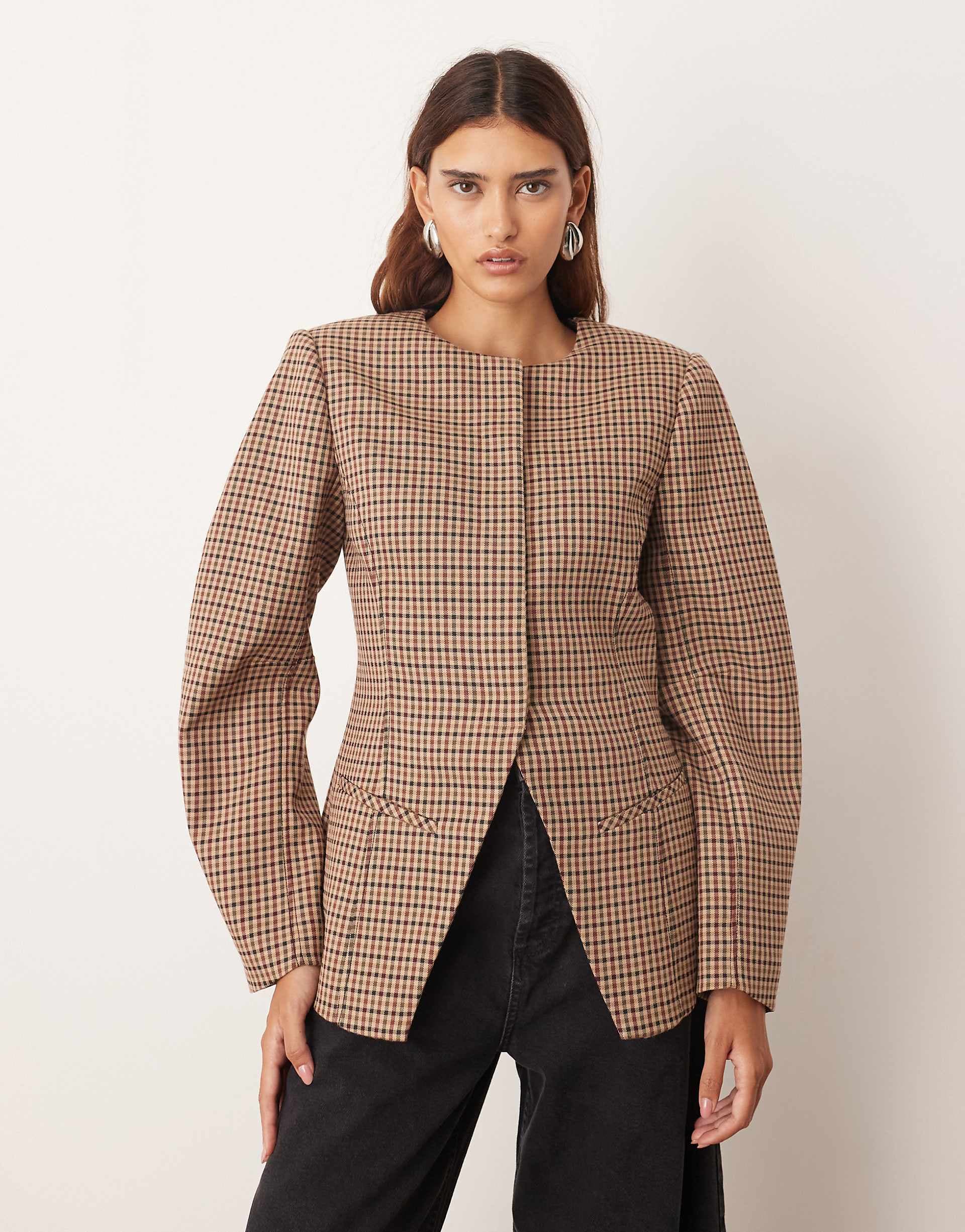 ARRANGE clean collarless sculpted blazer in micro plaid