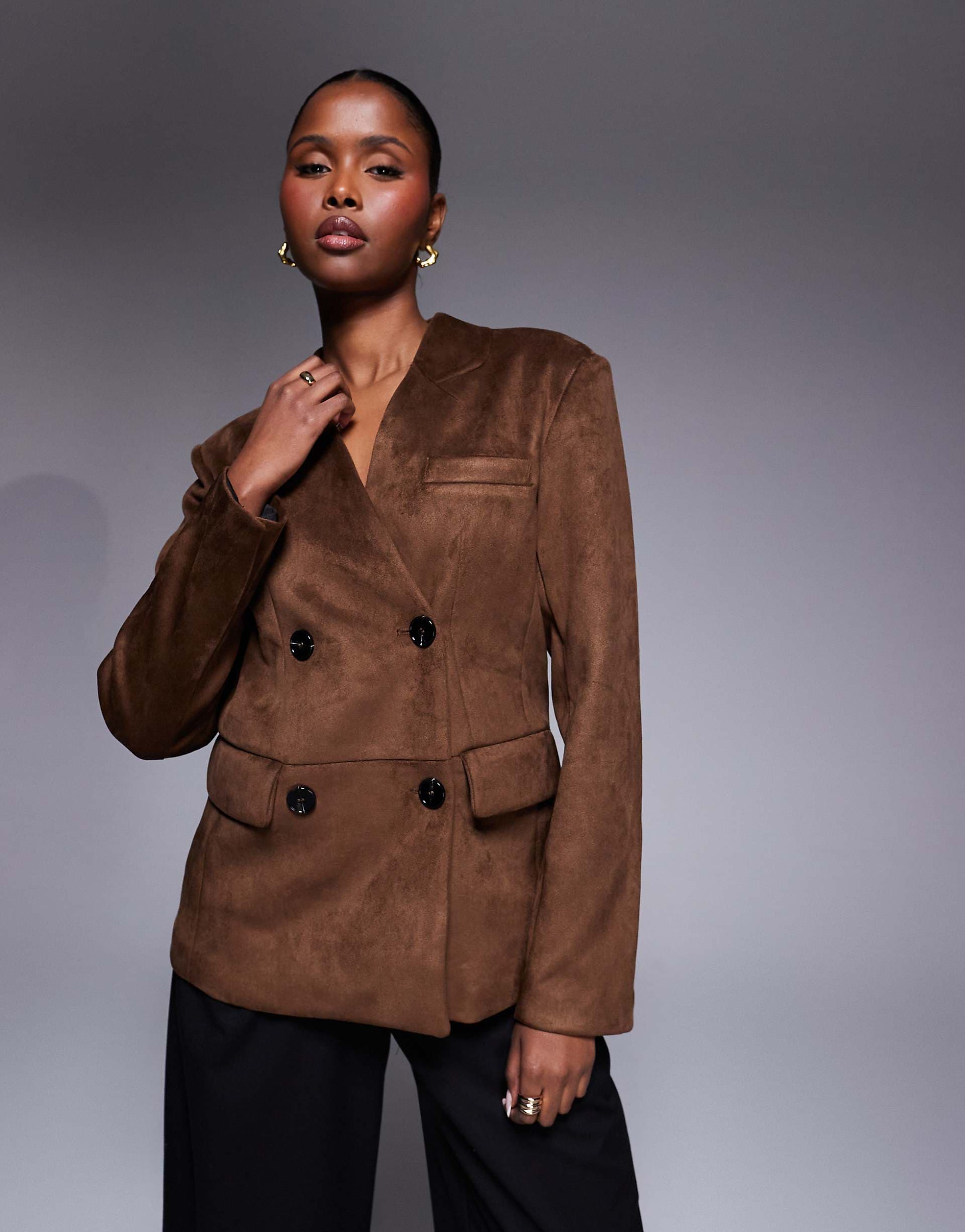 River Island collarless suedette blazer in brown