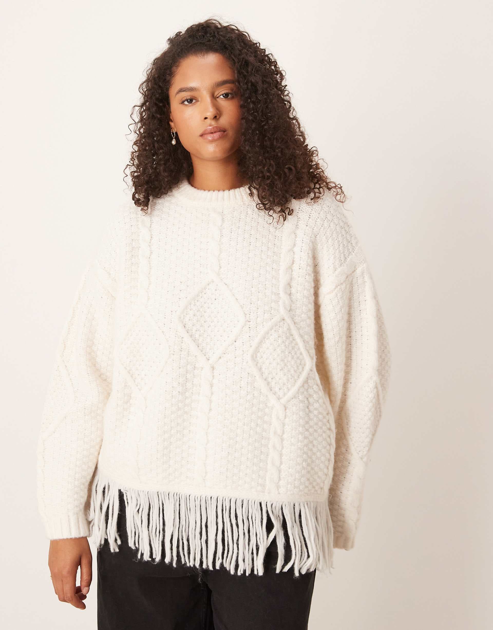 ASOS DESIGN Curve cable knit crew neck fringed sweater in cream