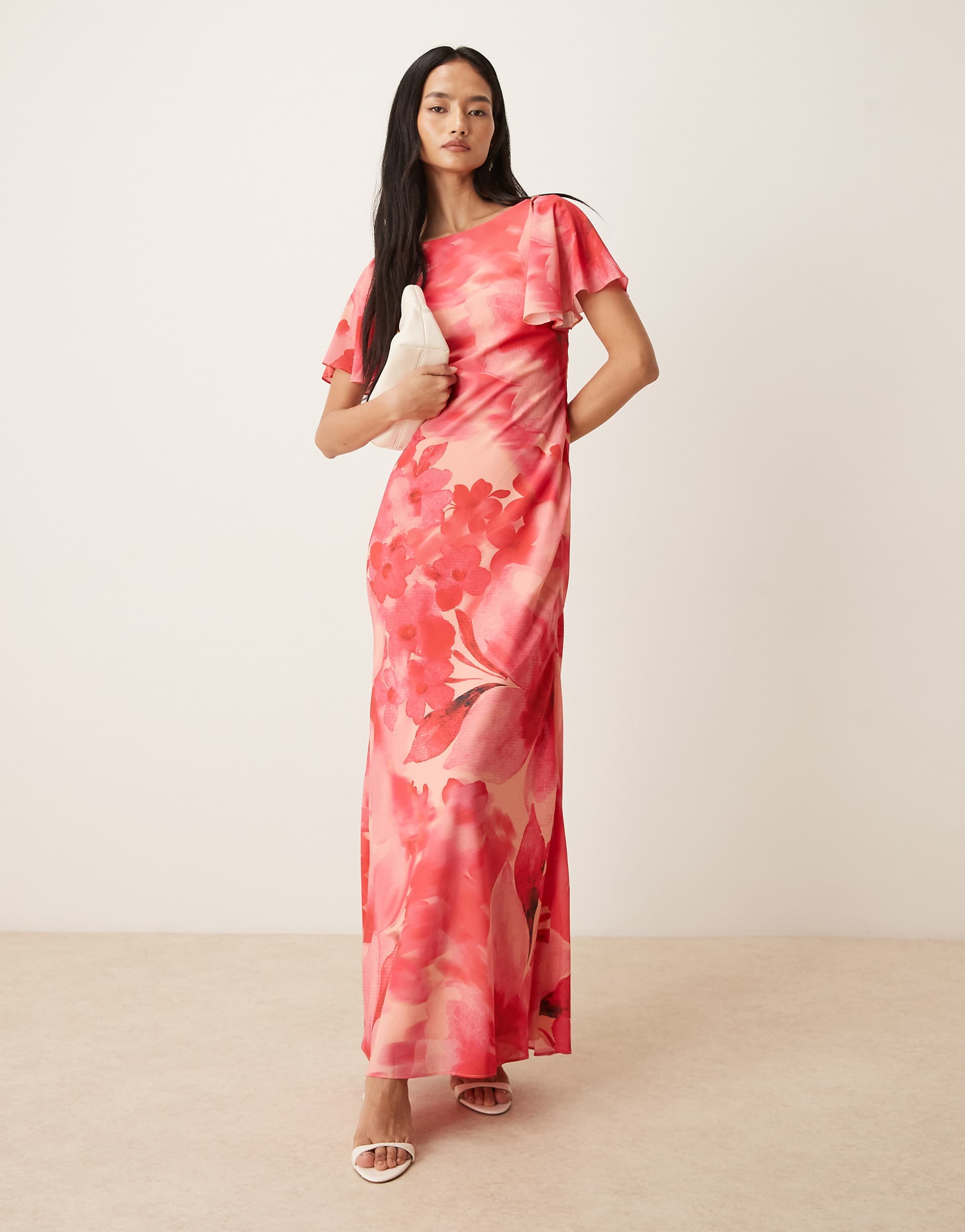 Pretty Lavish Jules flutter sleeve open lace up back maxi dress in red and pink floral