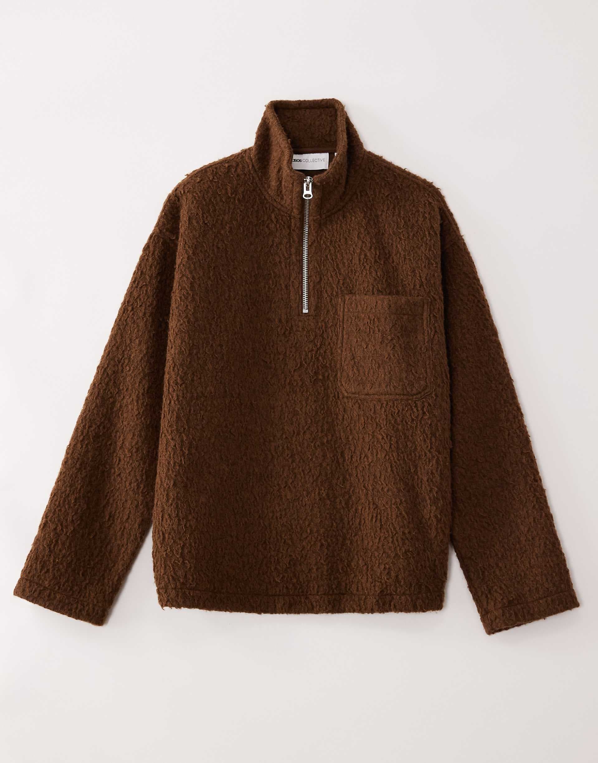 ASOS COLLECTIVE AC-T-2573 signature fit super heavyweight borg quarter zip funnel in brown