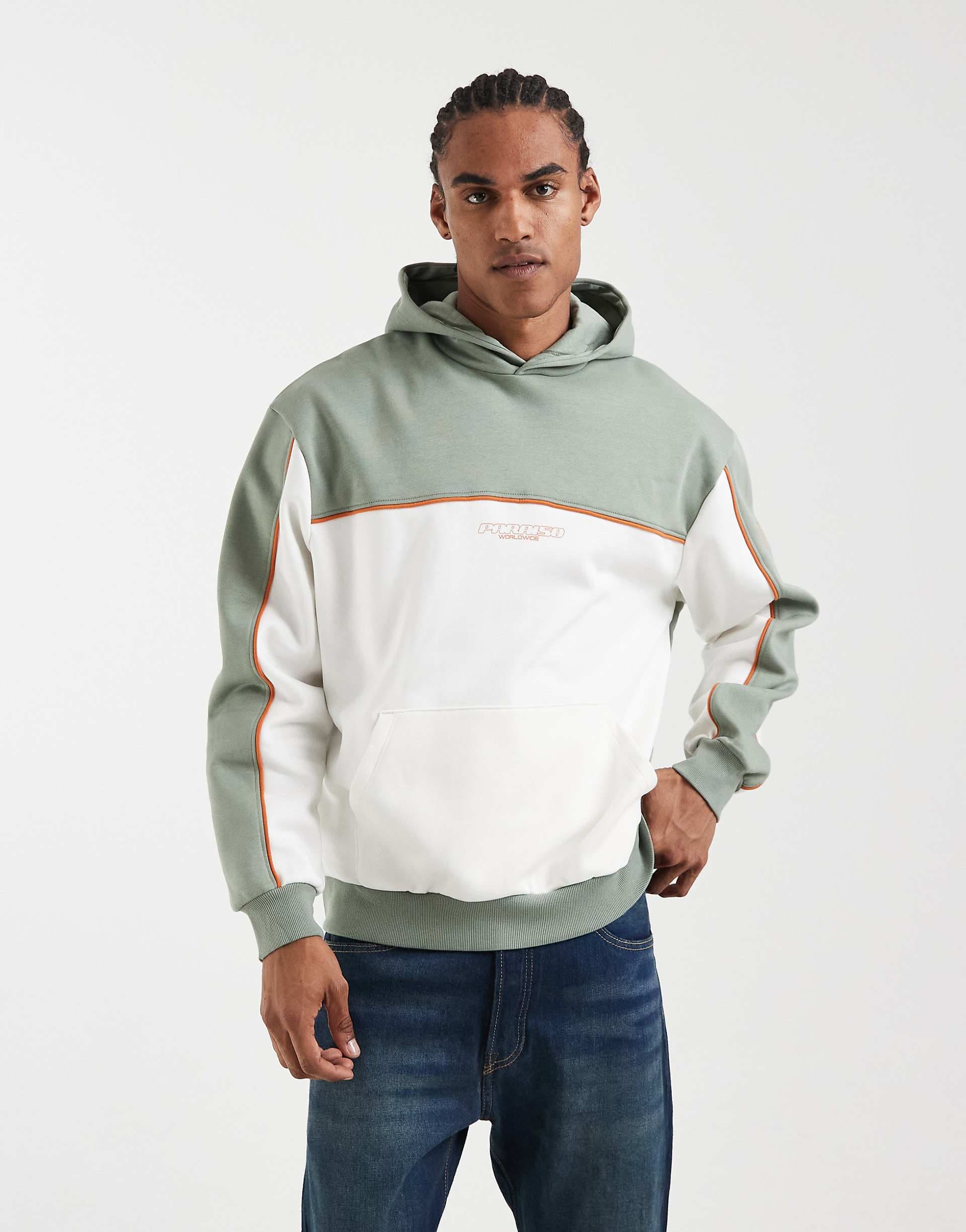 ASOS DESIGN relaxed fit printed hoodie with cut and sew panels in green