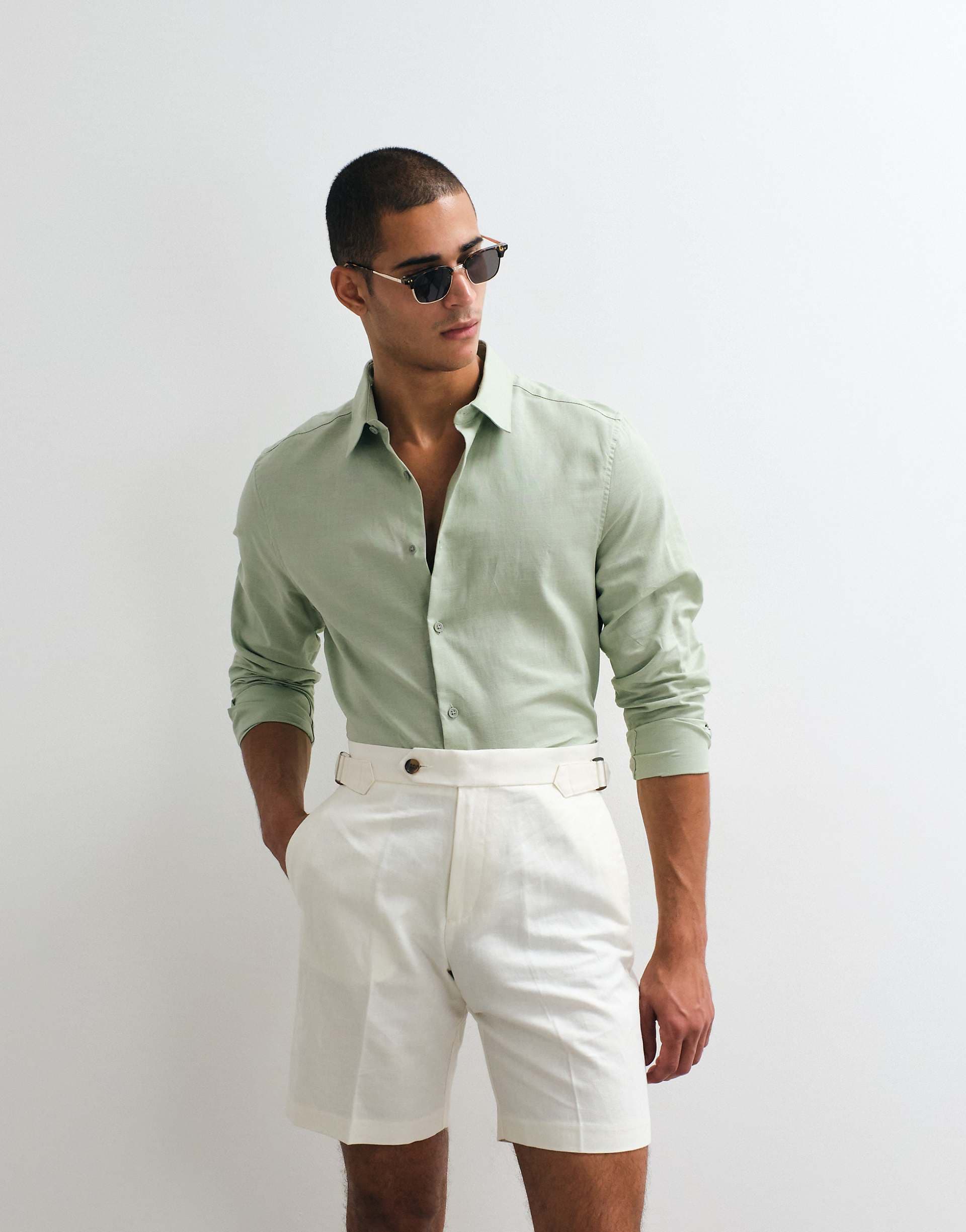 ASOS DESIGN regular fit smart linen blend shirt in sage green