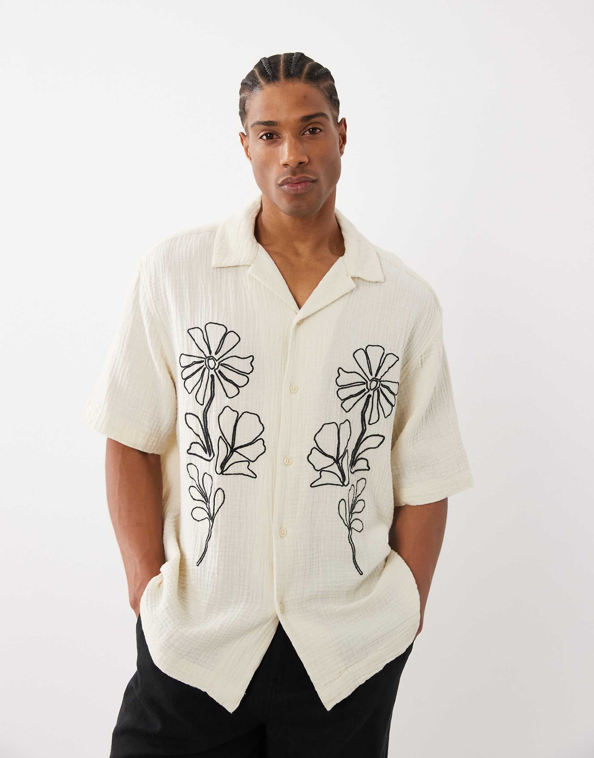 ONLY & SONS relaxed fit textured short sleeve shirt in cream with black floral embroidery