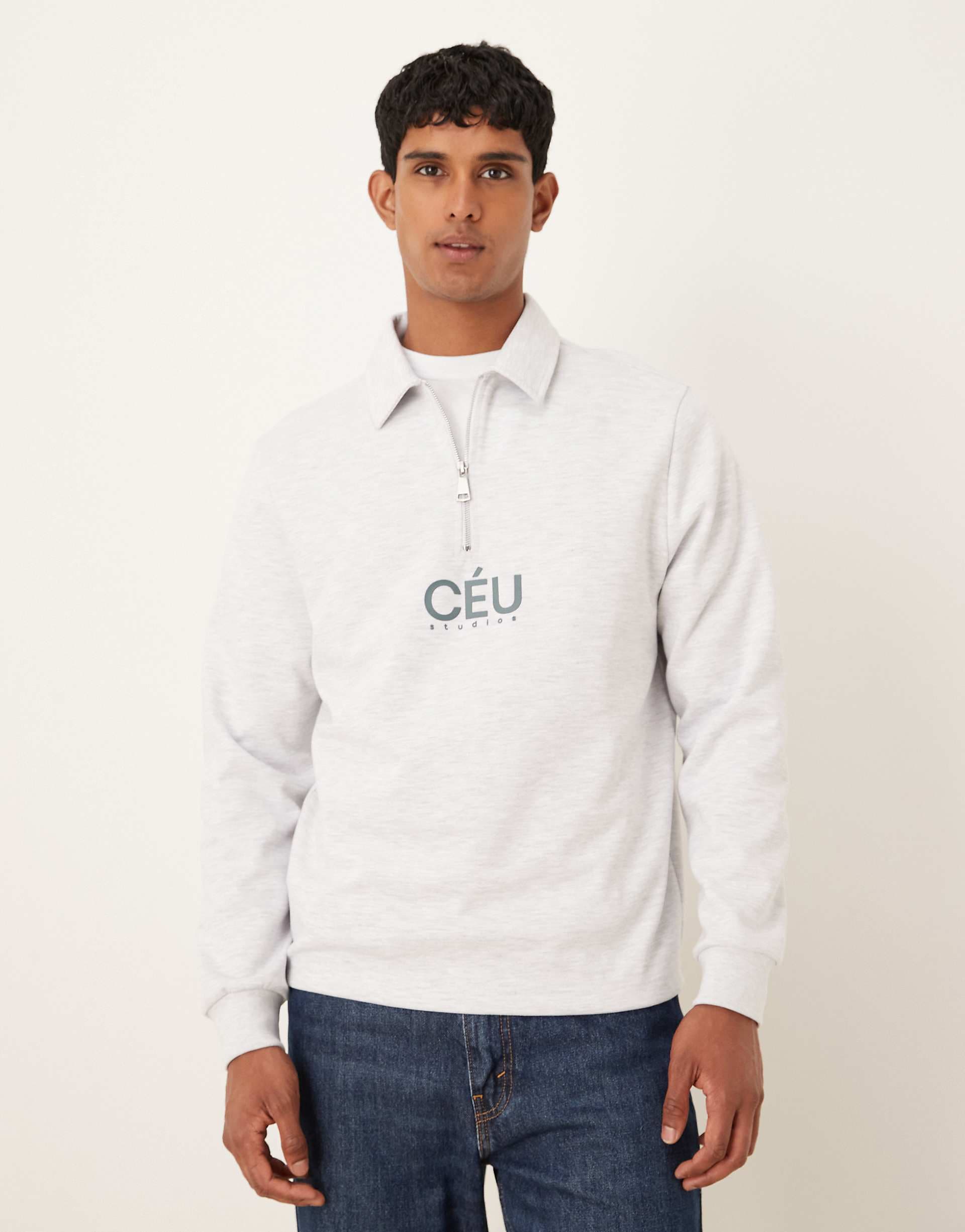ASOS DESIGN standard fit scuba-style fabric 1/4 zip sweatshirt with print in gray heather