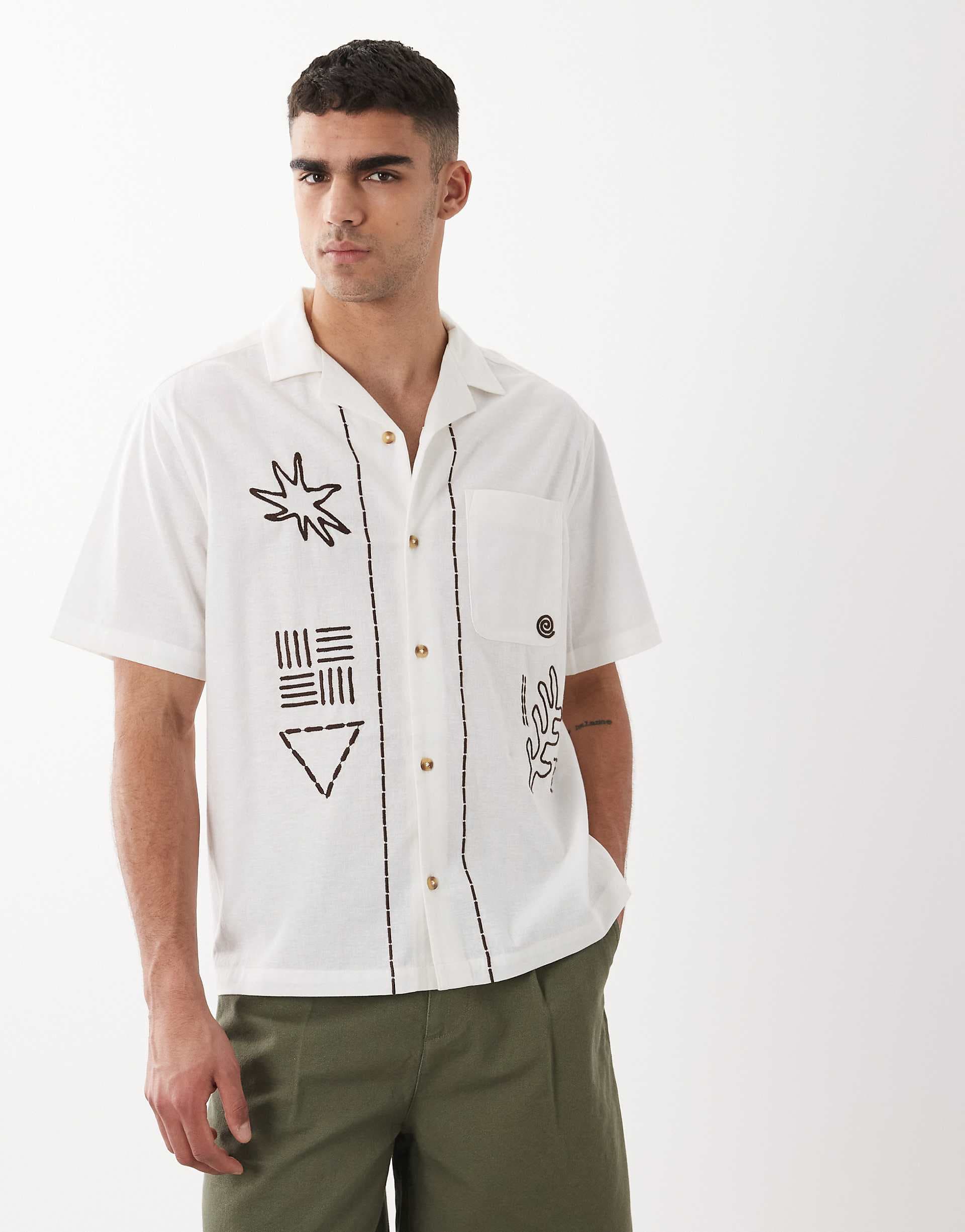 ASOS DESIGN relaxed shirt with linen and floral embroidery in beige