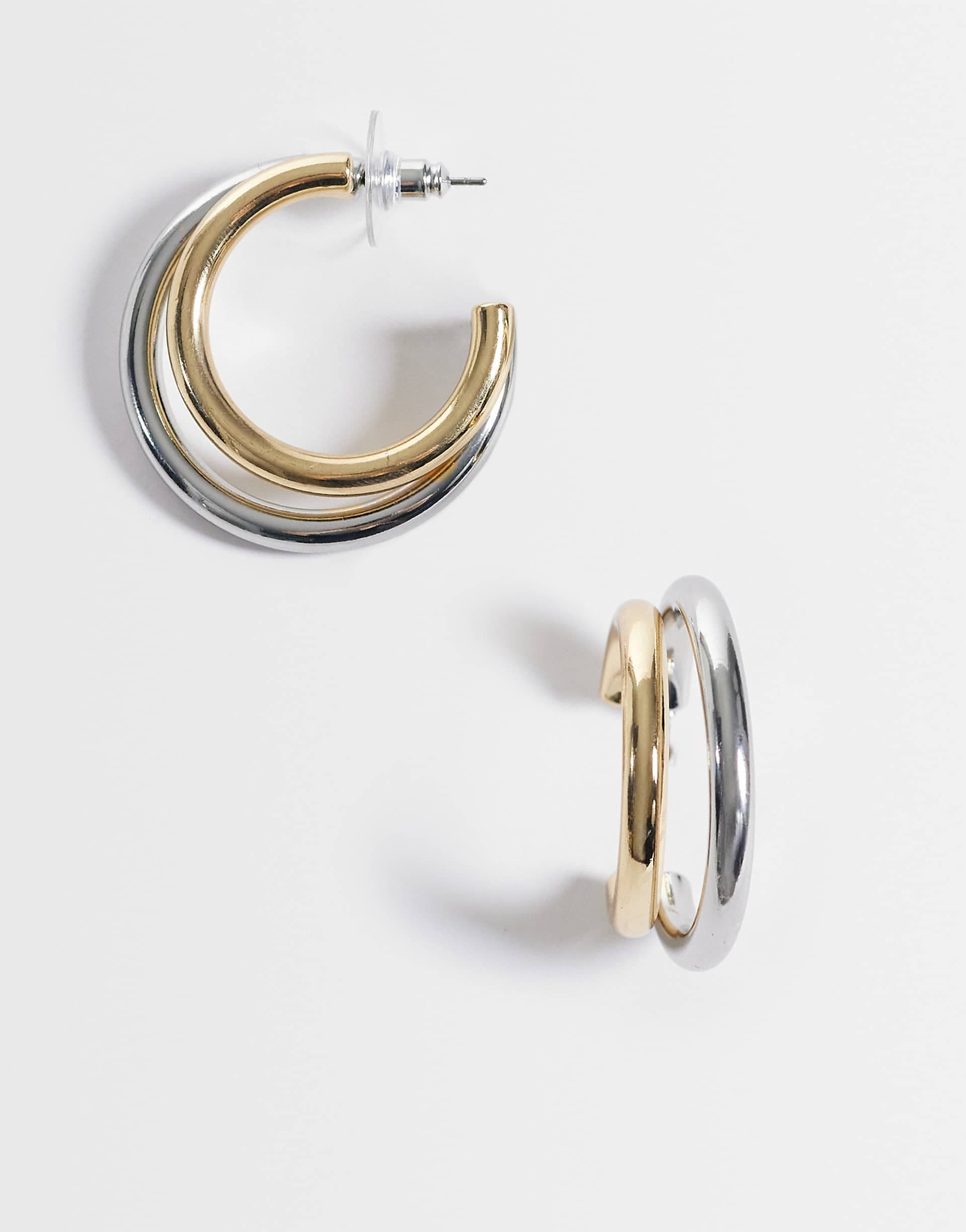 DesignB London mixed metal double tube hoop earrings in silver and gold