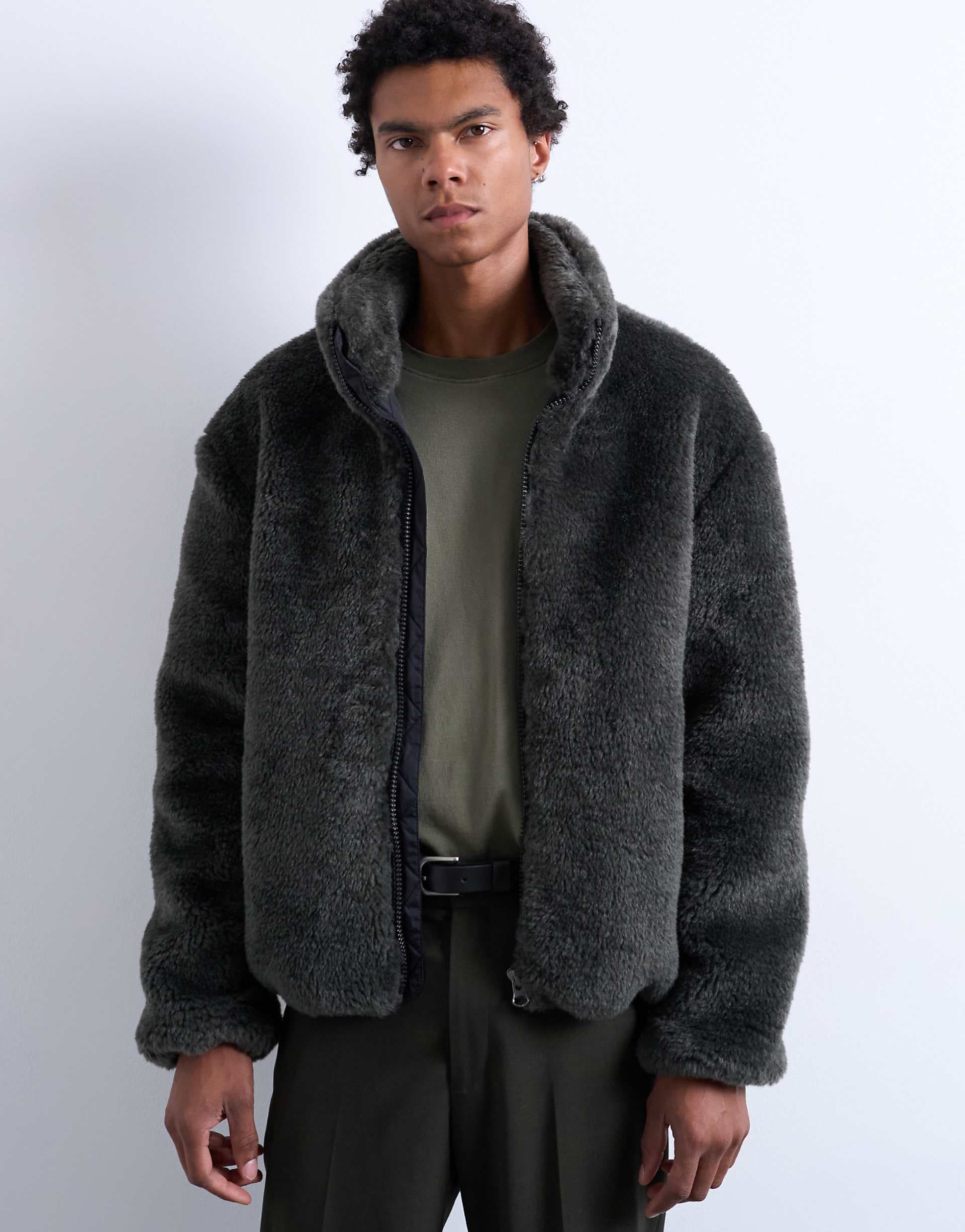 Topman faux fur zip up funnel jacket in dark gray