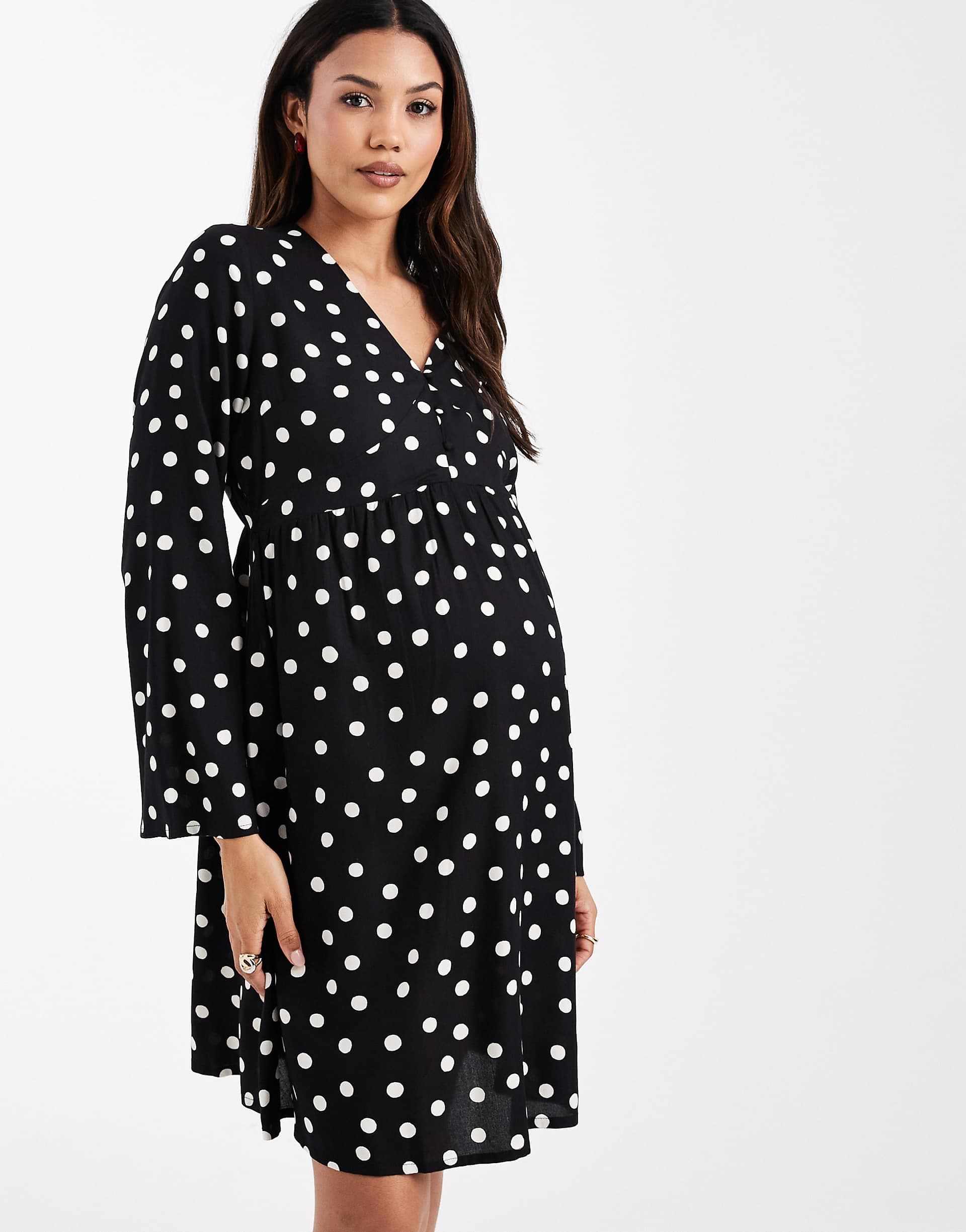 Mamalicious Maternity button front nursing friendly mini dress in black polka dot print