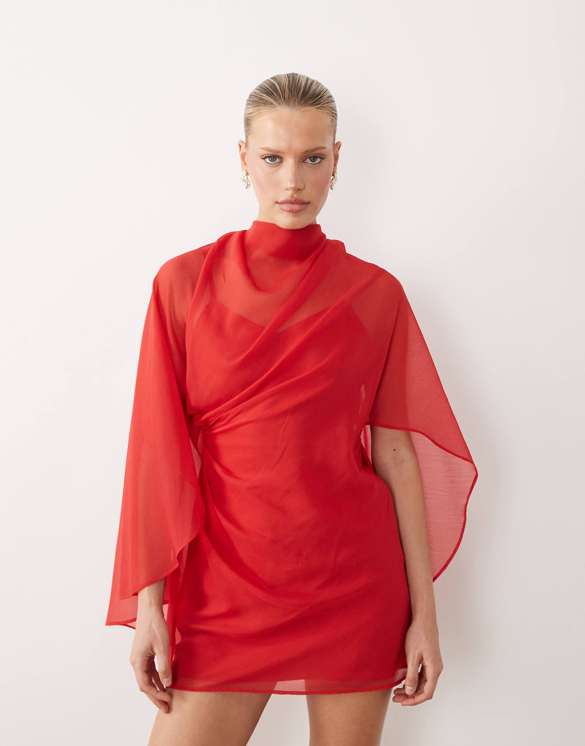 ASOS DESIGN high neck drape front extreme cape sleeves mini dress in red