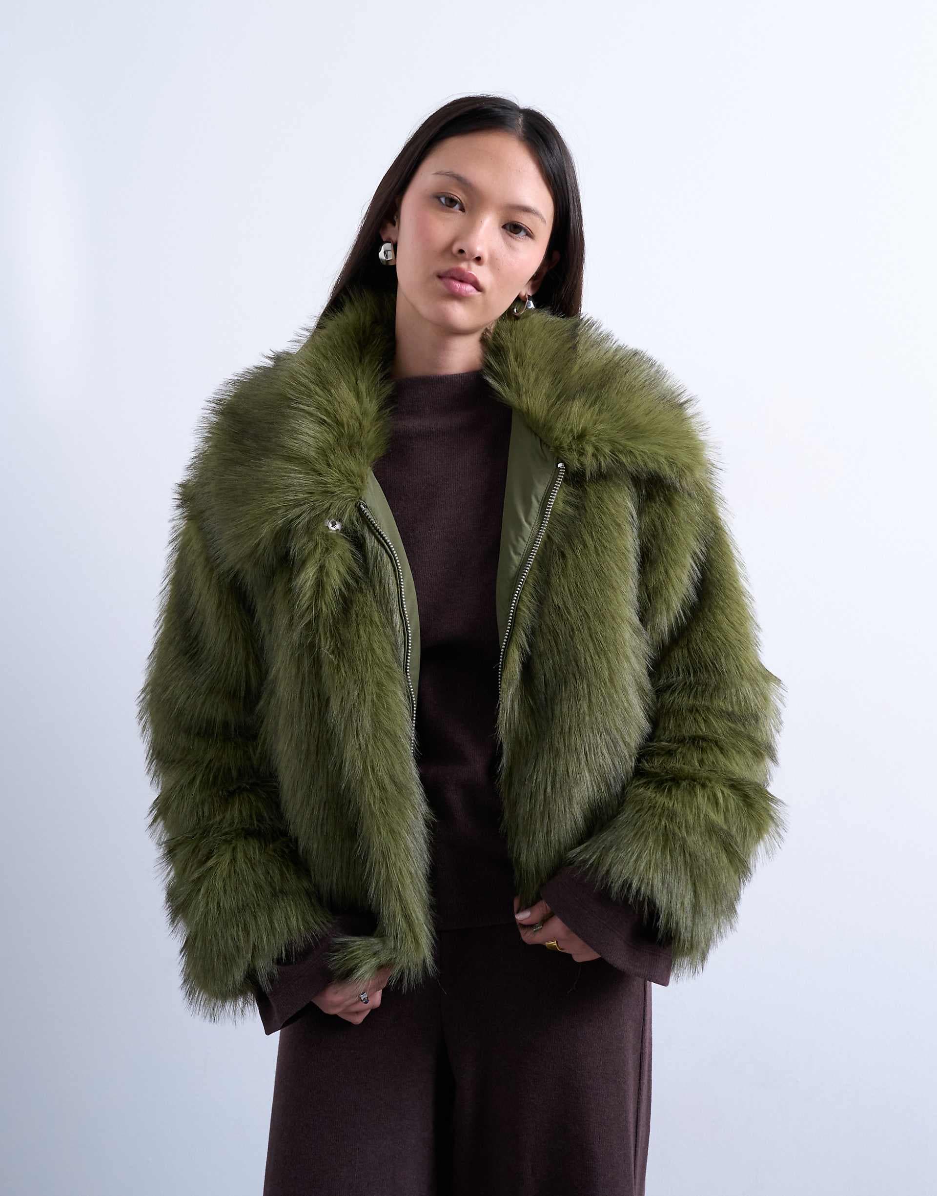Topshop faux fur zip up bomber jacket in olive