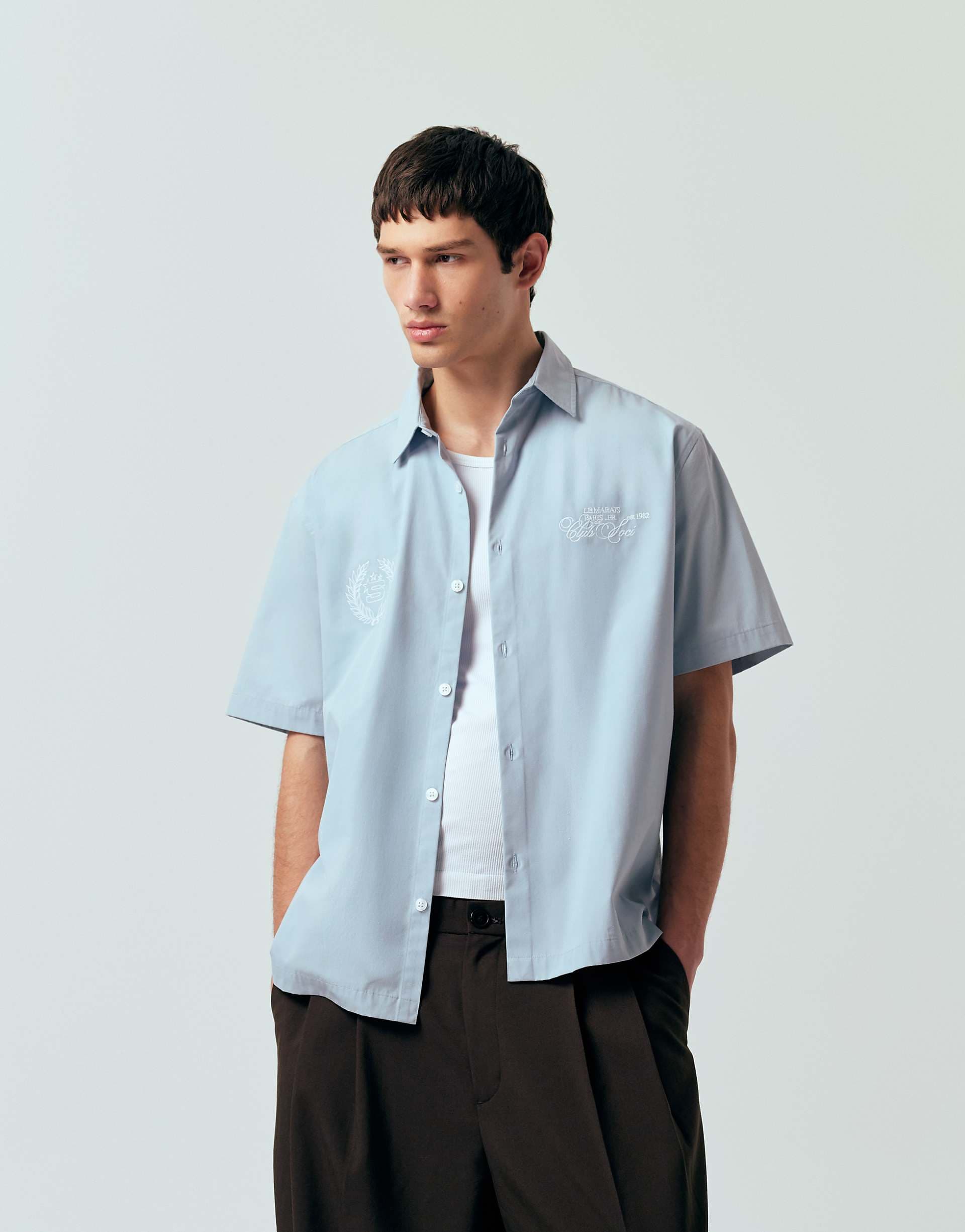 ASOS DESIGN relaxed shirt with chest embroidery in light blue