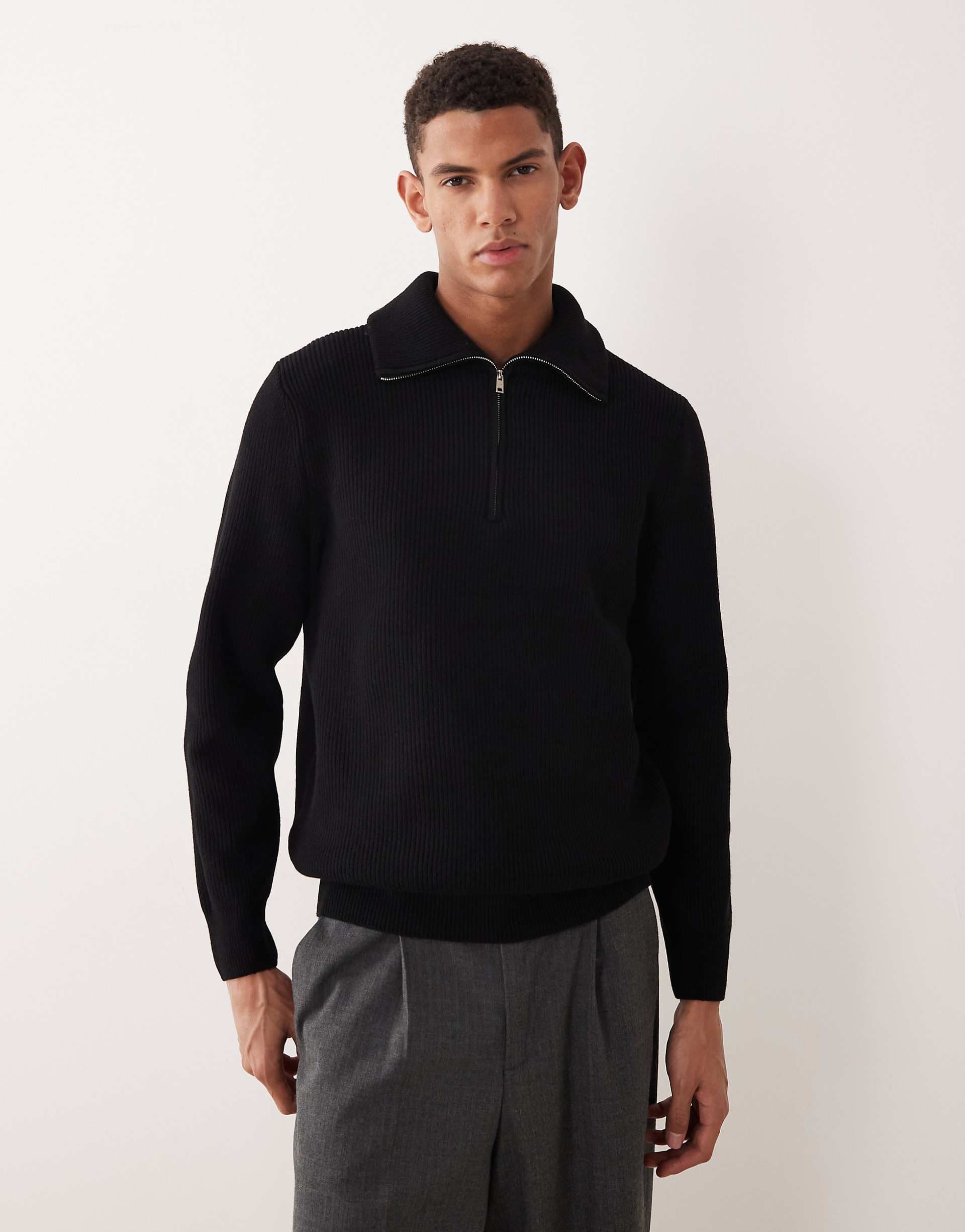 Mango rib knit chunky half zip sweater in black