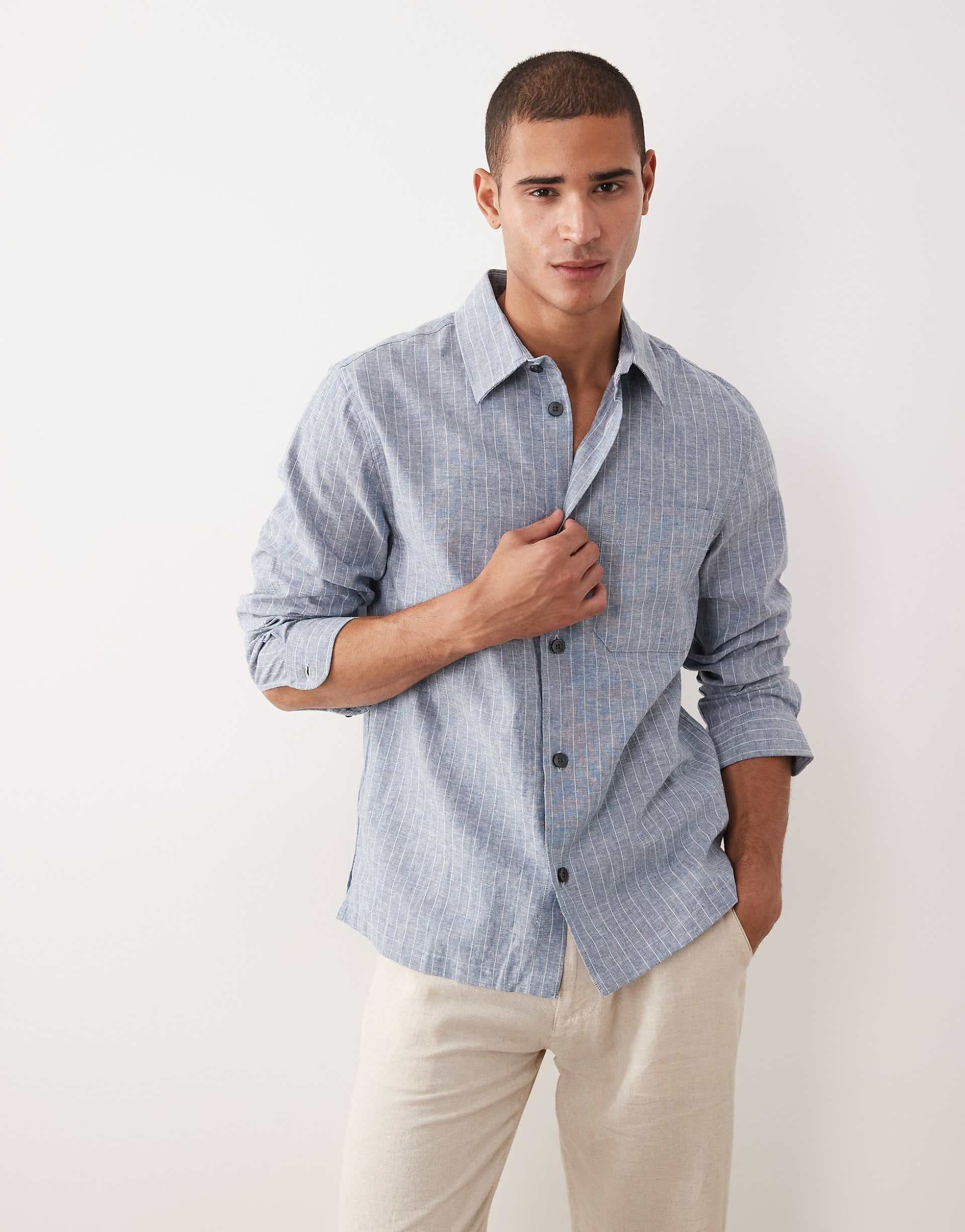 Mango linen mix long sleeve striped shirt in navy