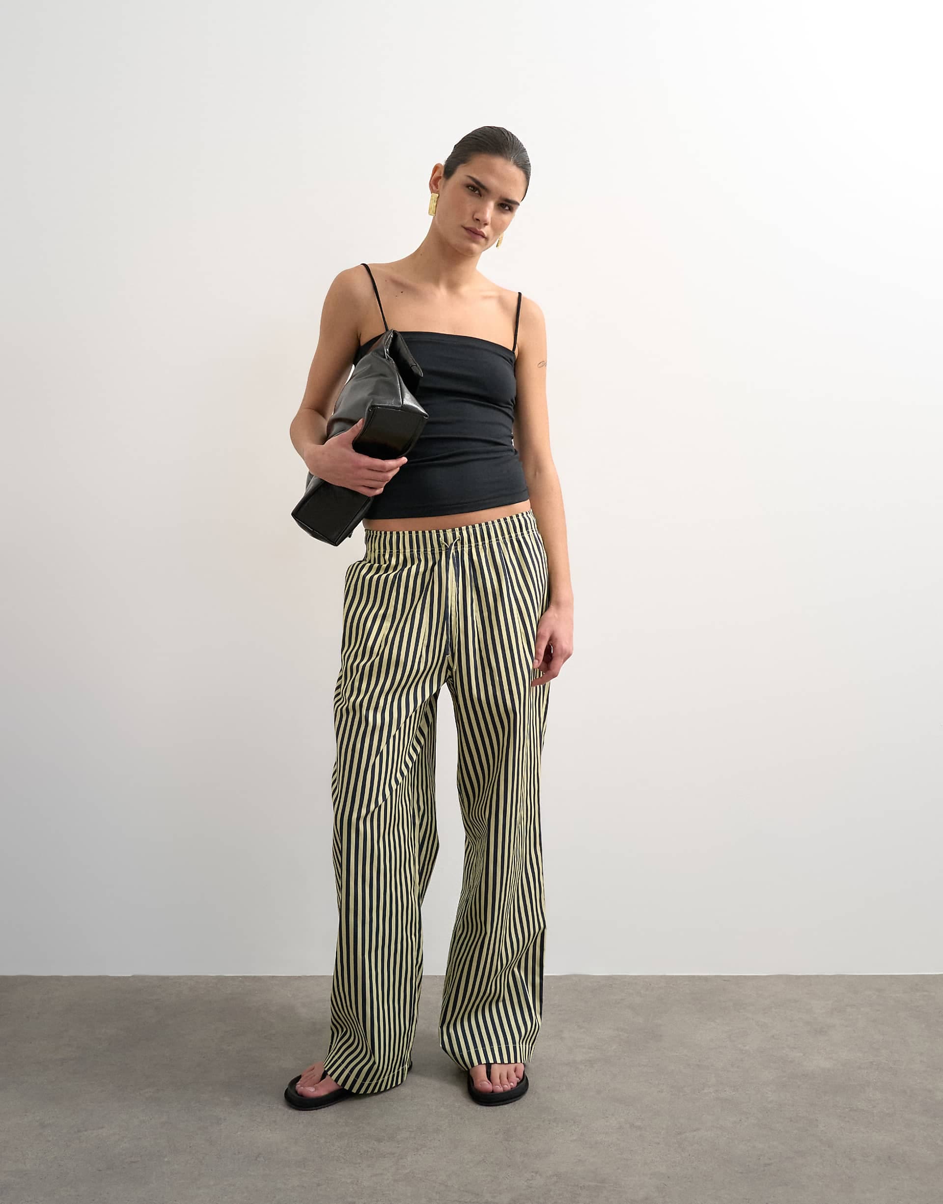 Topshop poplin wide leg pull on pants in navy stripes