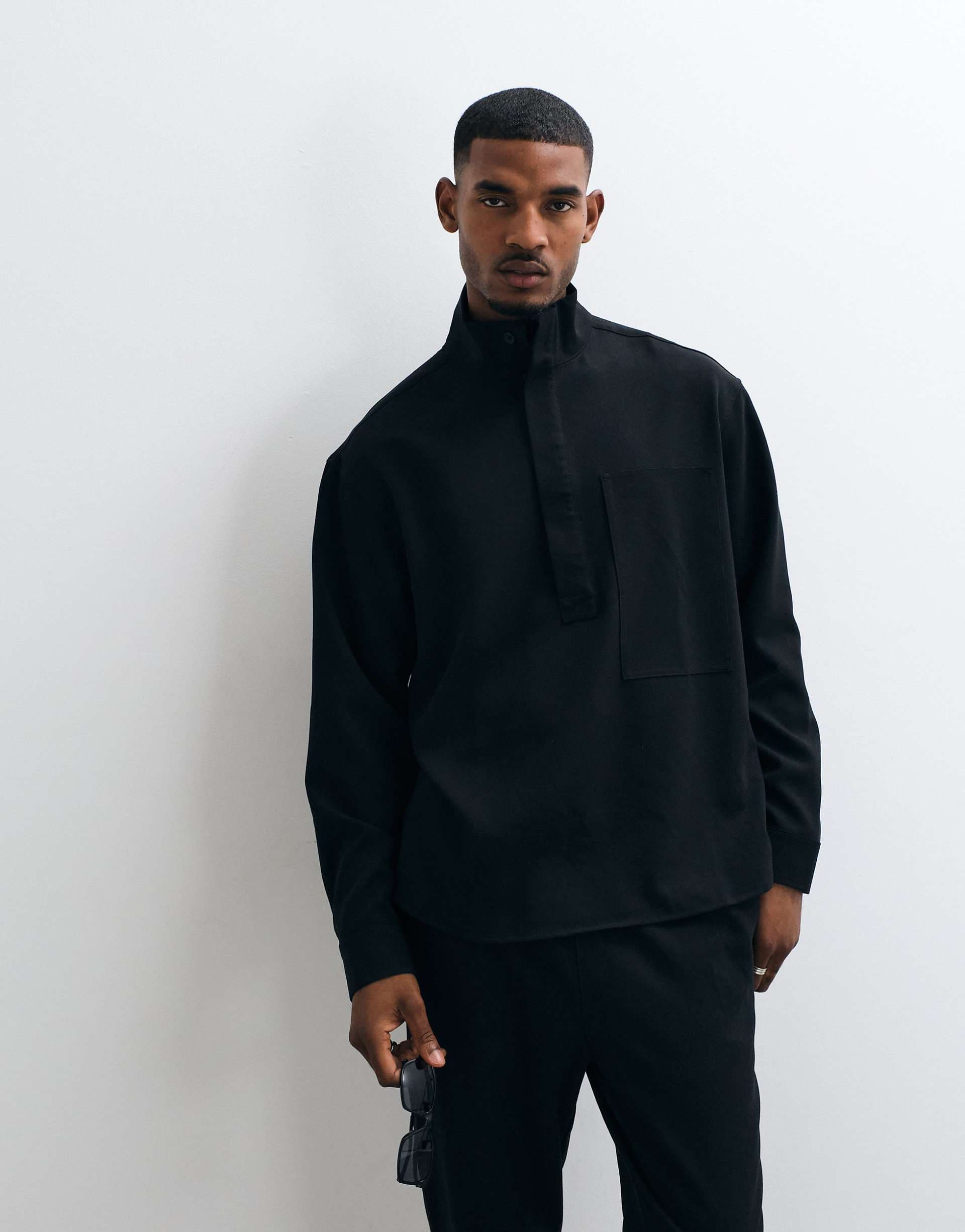 ASOS DESIGN oversized funnel neck dress shirt in black