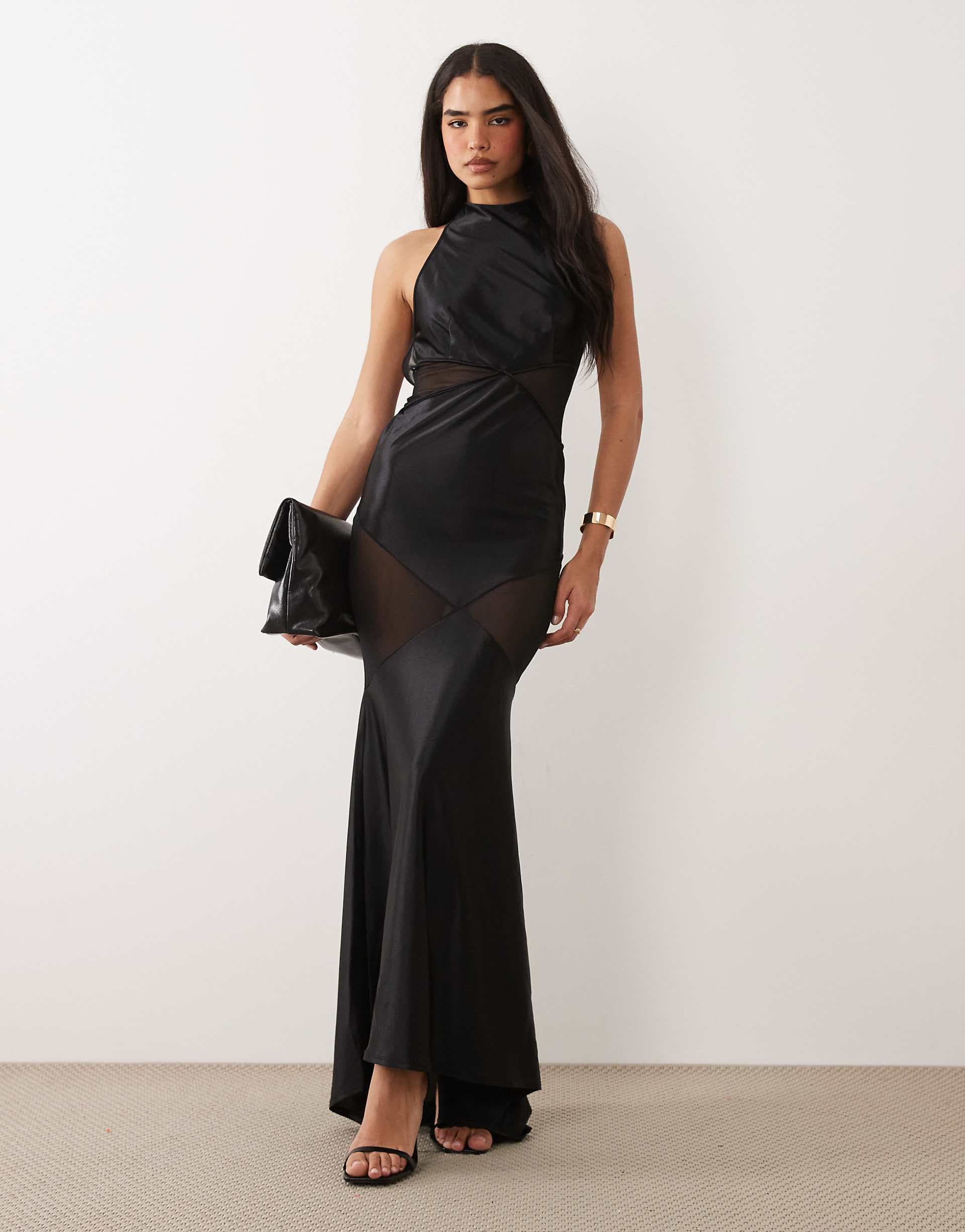 ASOS DESIGN Premium sculpted mesh panel maxi dress with strappy back in black