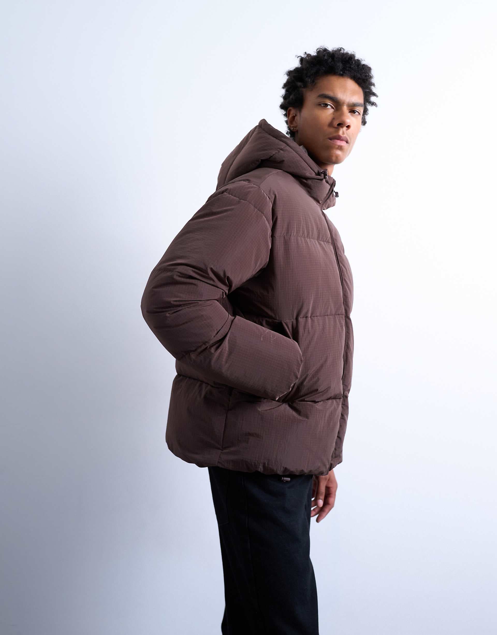 Topman textured puffer jacket in dark brown