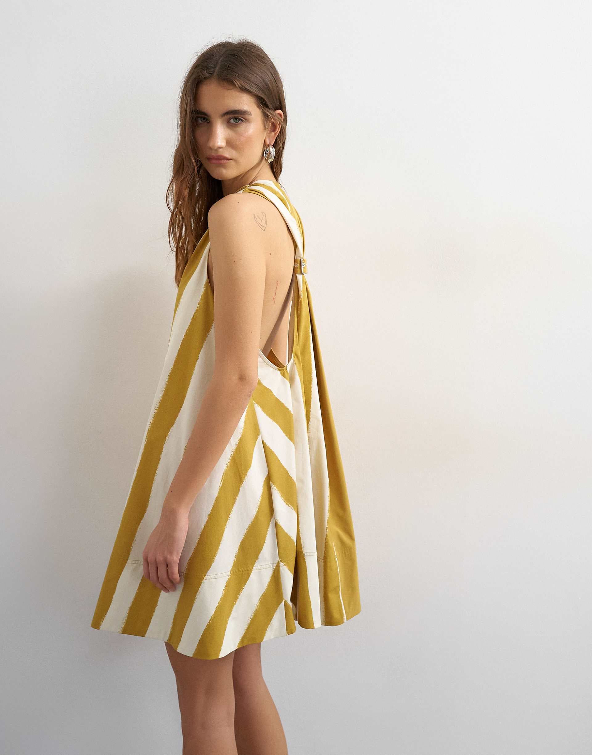 Topshop poplin halter deep hem mini trapeze dress in mustard contrast striped print