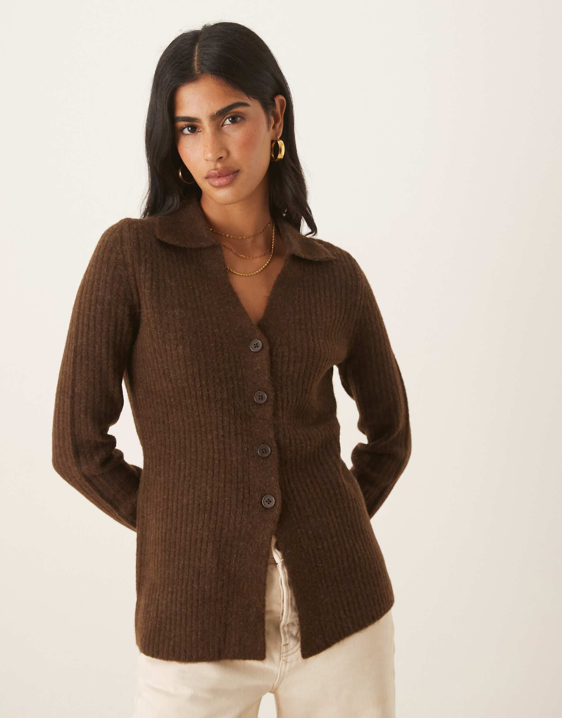 ASOS DESIGN knit longline fitted shirt in chocolate
