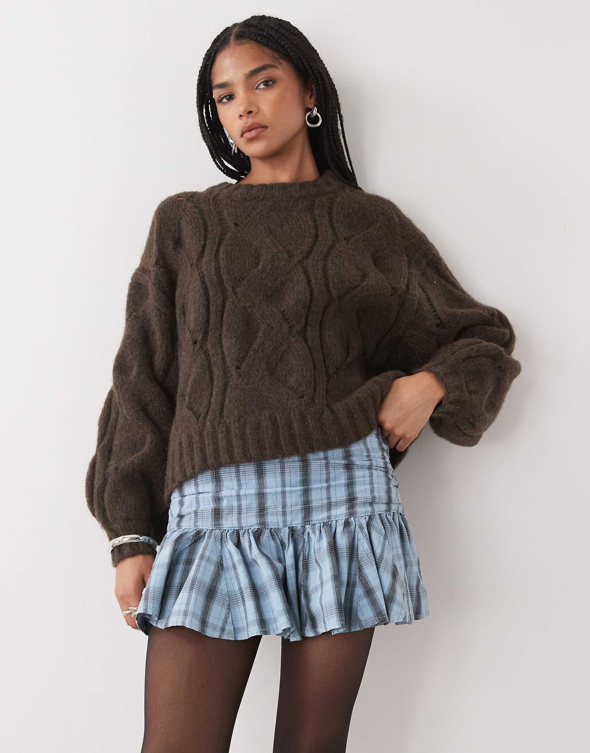 Monki boxy cropped cable knit sweater in chocolate brown