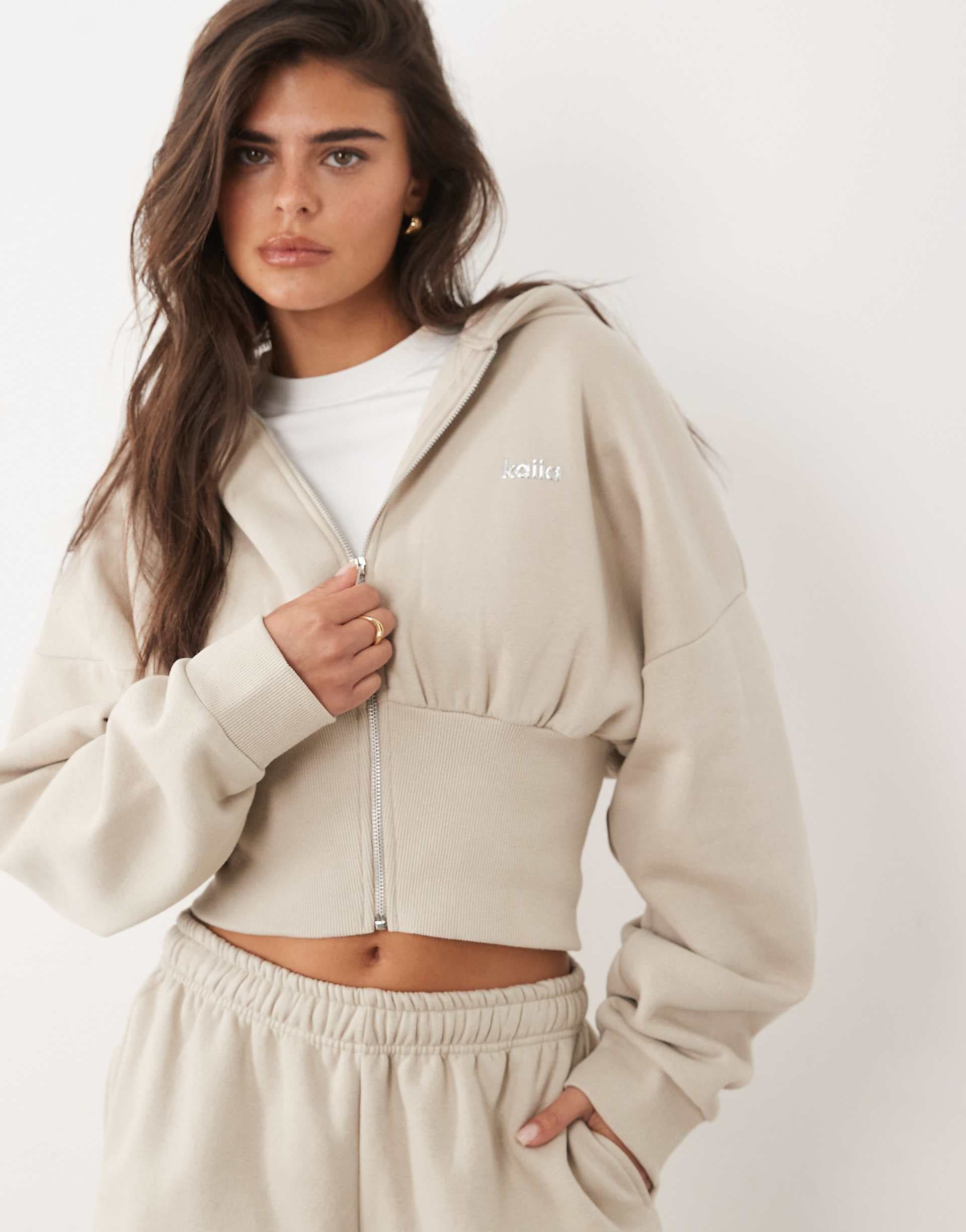 Kaiia cotton rich silver hardware logo zip through cinched waist hoodie in ash taupe - part of a set