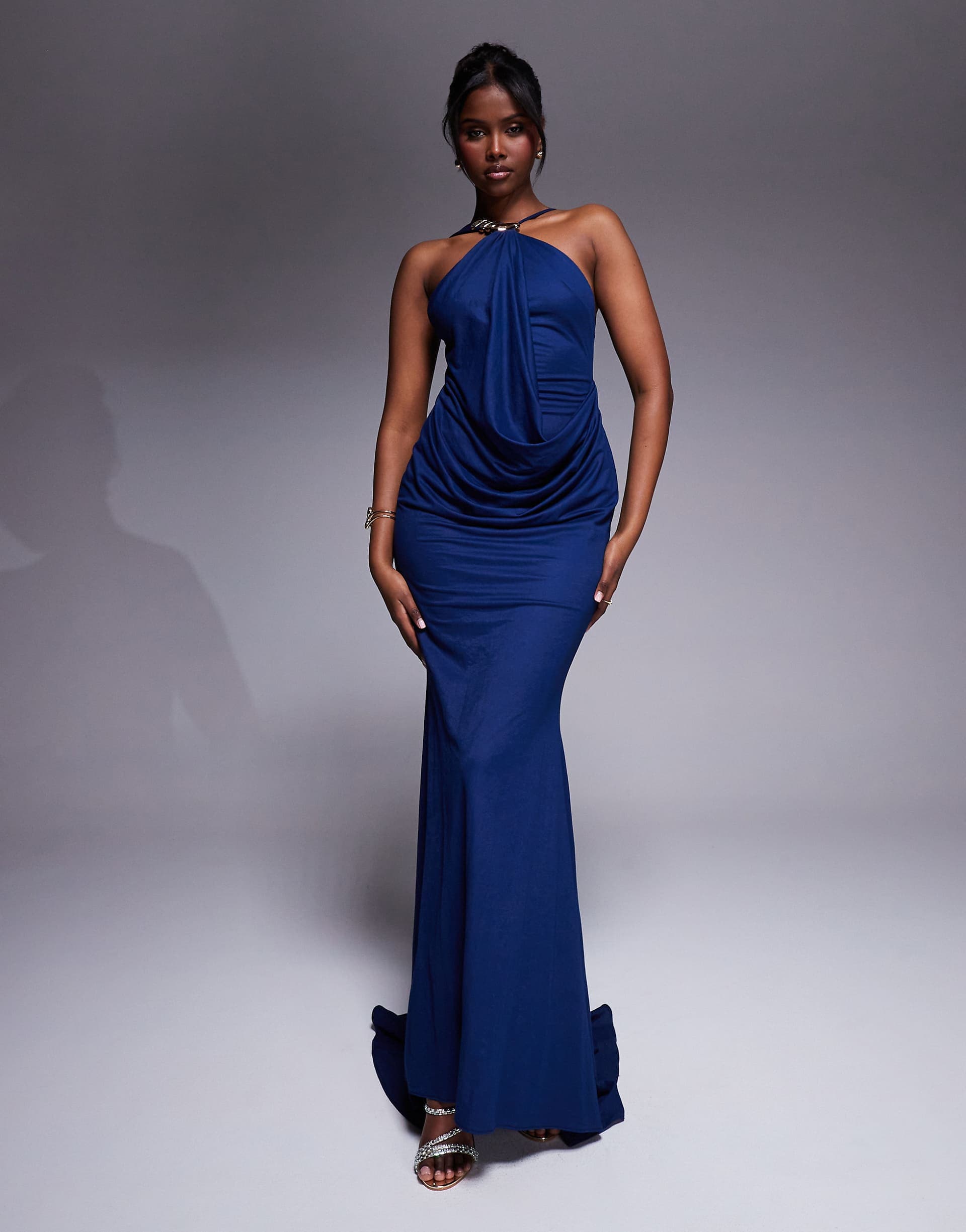 ASOS DESIGN premium jersey linen halterneck maxi dress with multi trim detail and train in dark blue