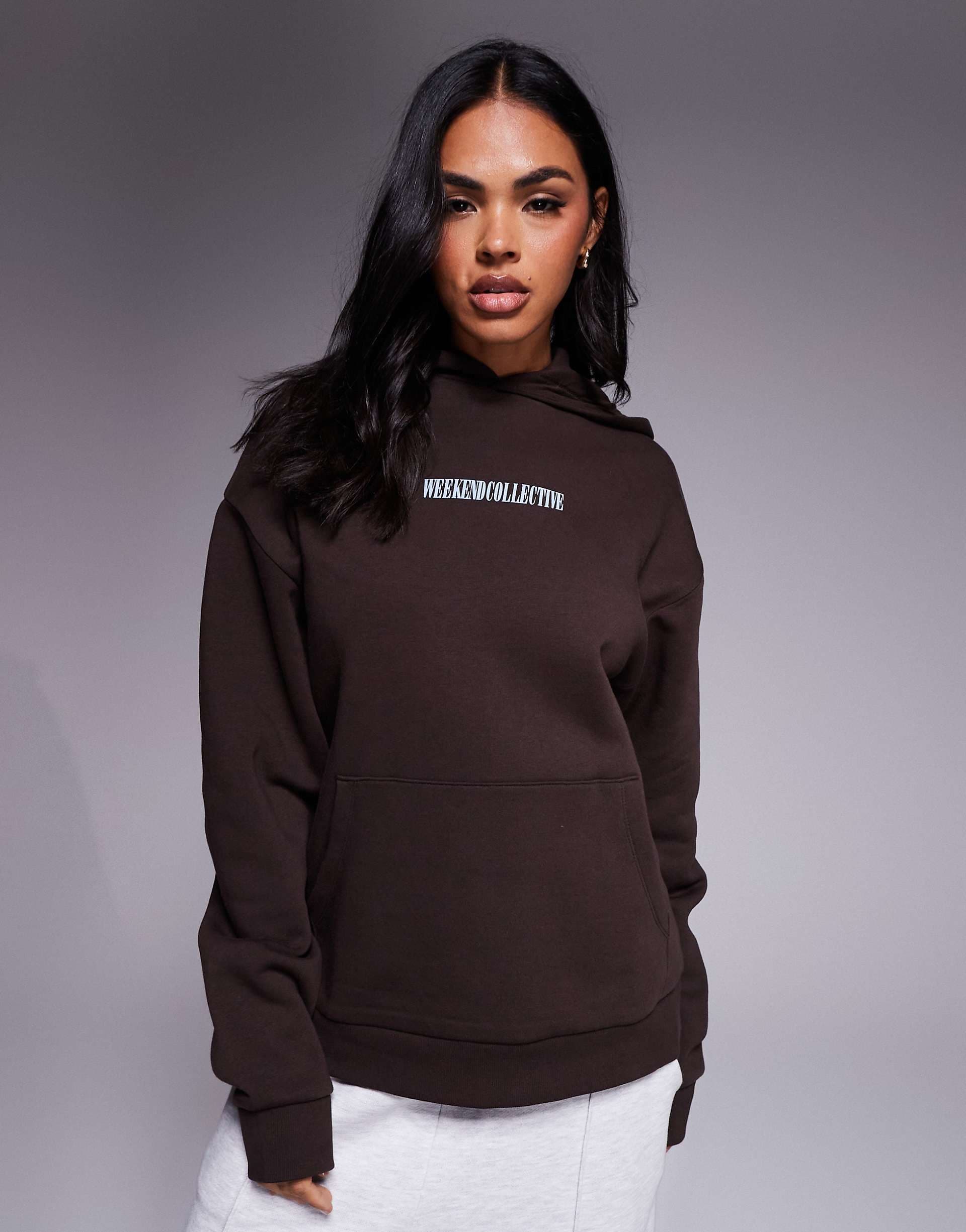 Weekend Collective oversized hoodie with stacked back logo in chocolate