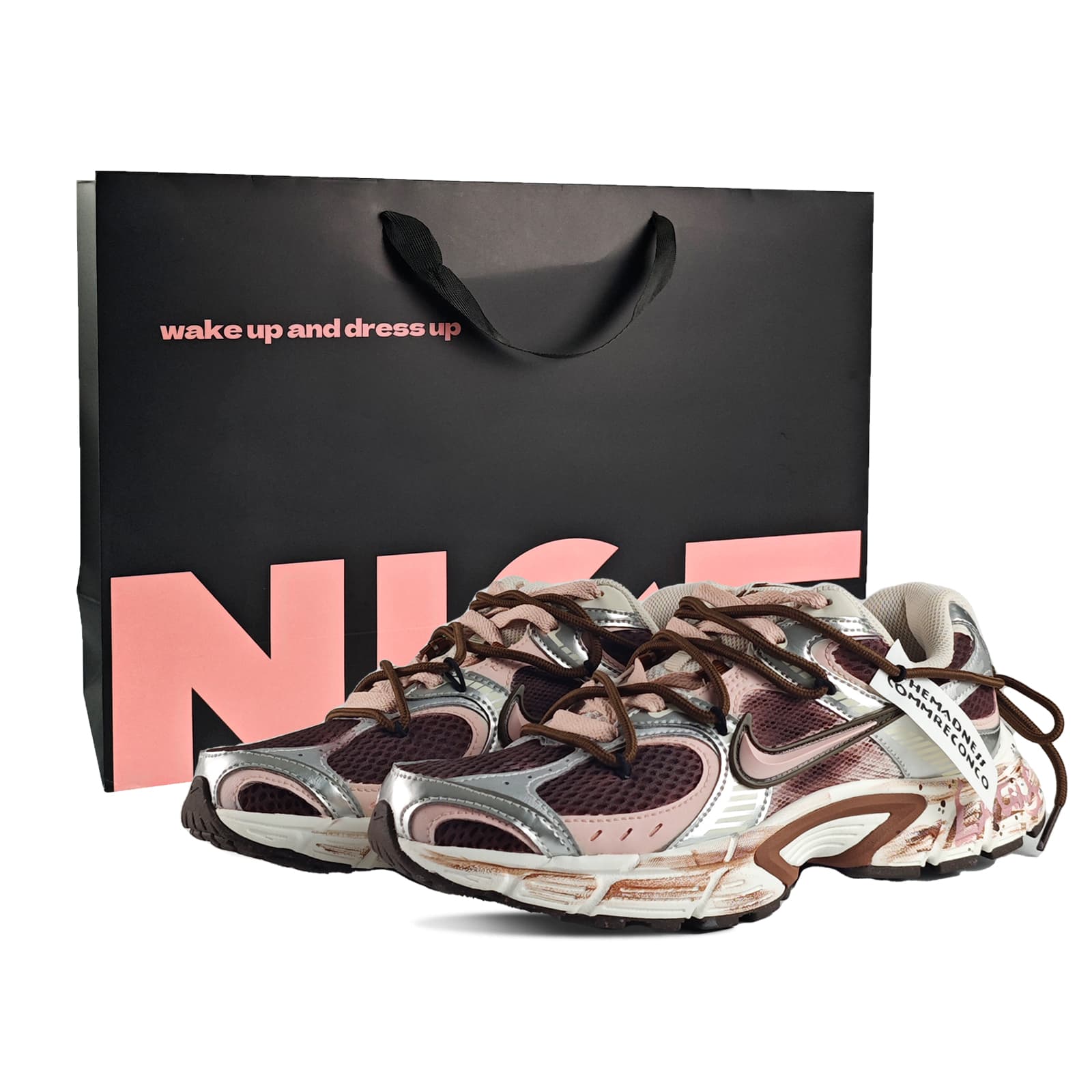 Custom Sneakers Nike V5 RNR 'Strawberry Hazelnut Milkshake' Retro Color Block Gift Bag Comfort Soft Wear-Resistant Breathable Low-Top Casual Running Shoes Women's Pink-Brown