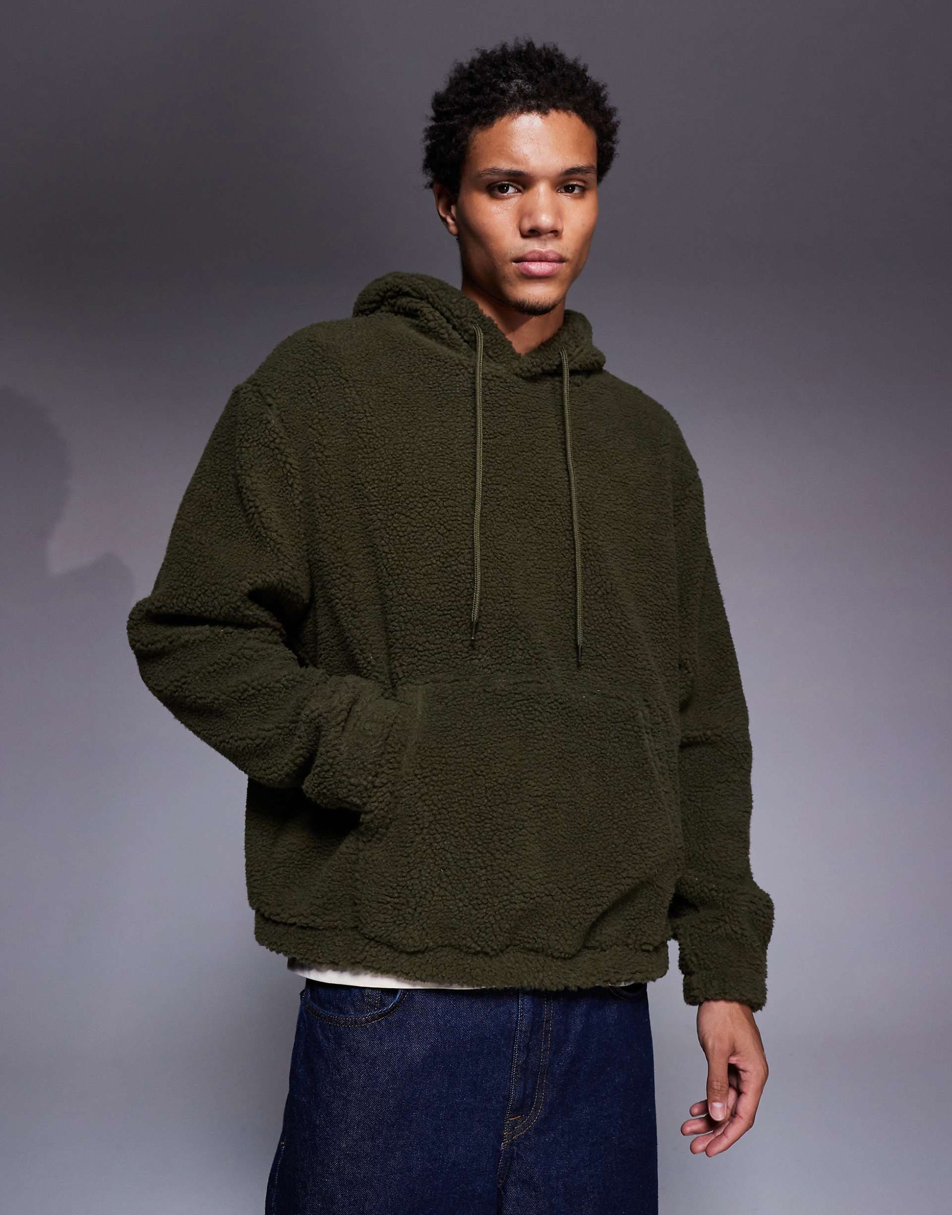 ASOS DESIGN relaxed borg hoodie in dark green