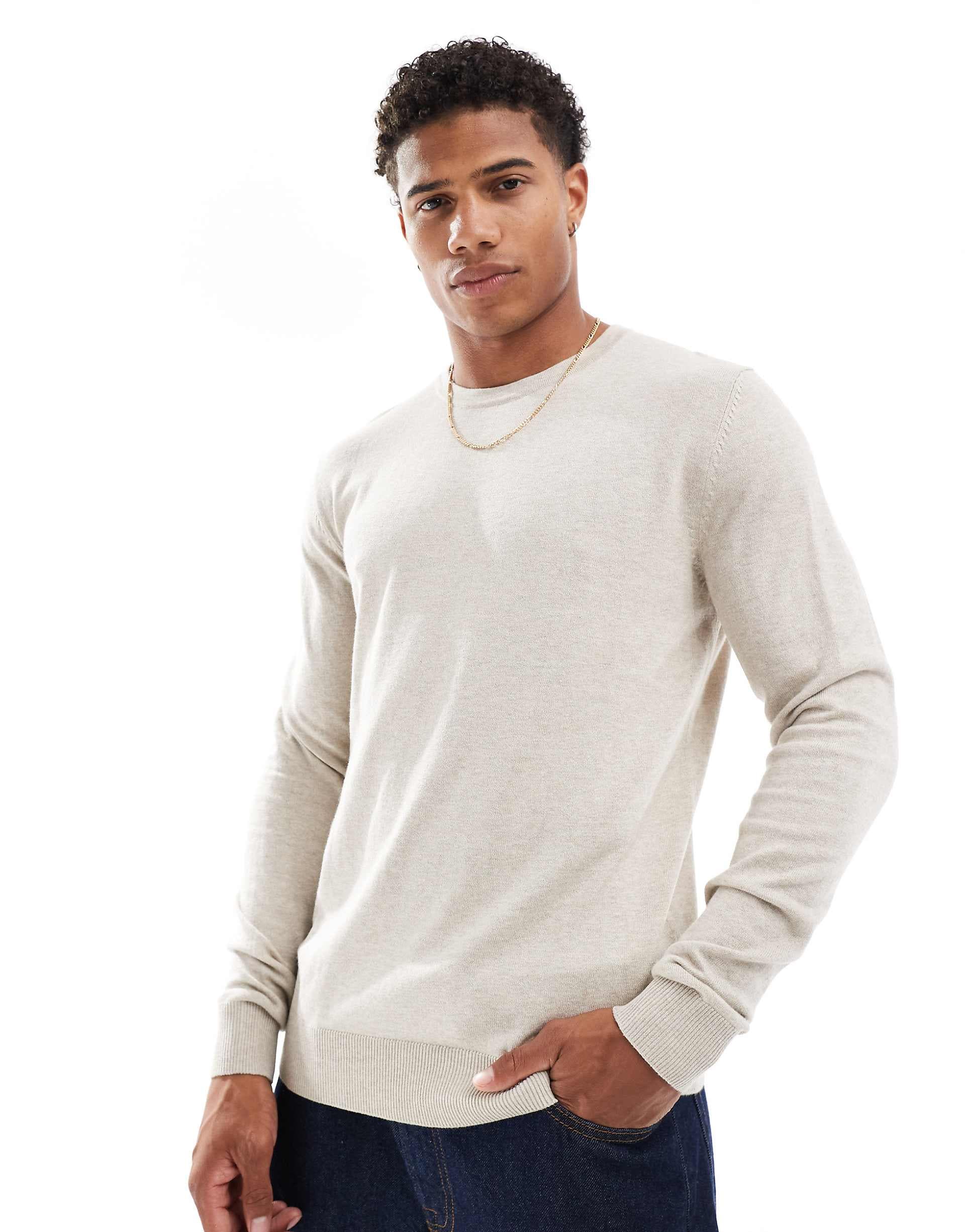 Jack & Jones fine gauge crew neck sweater in beige