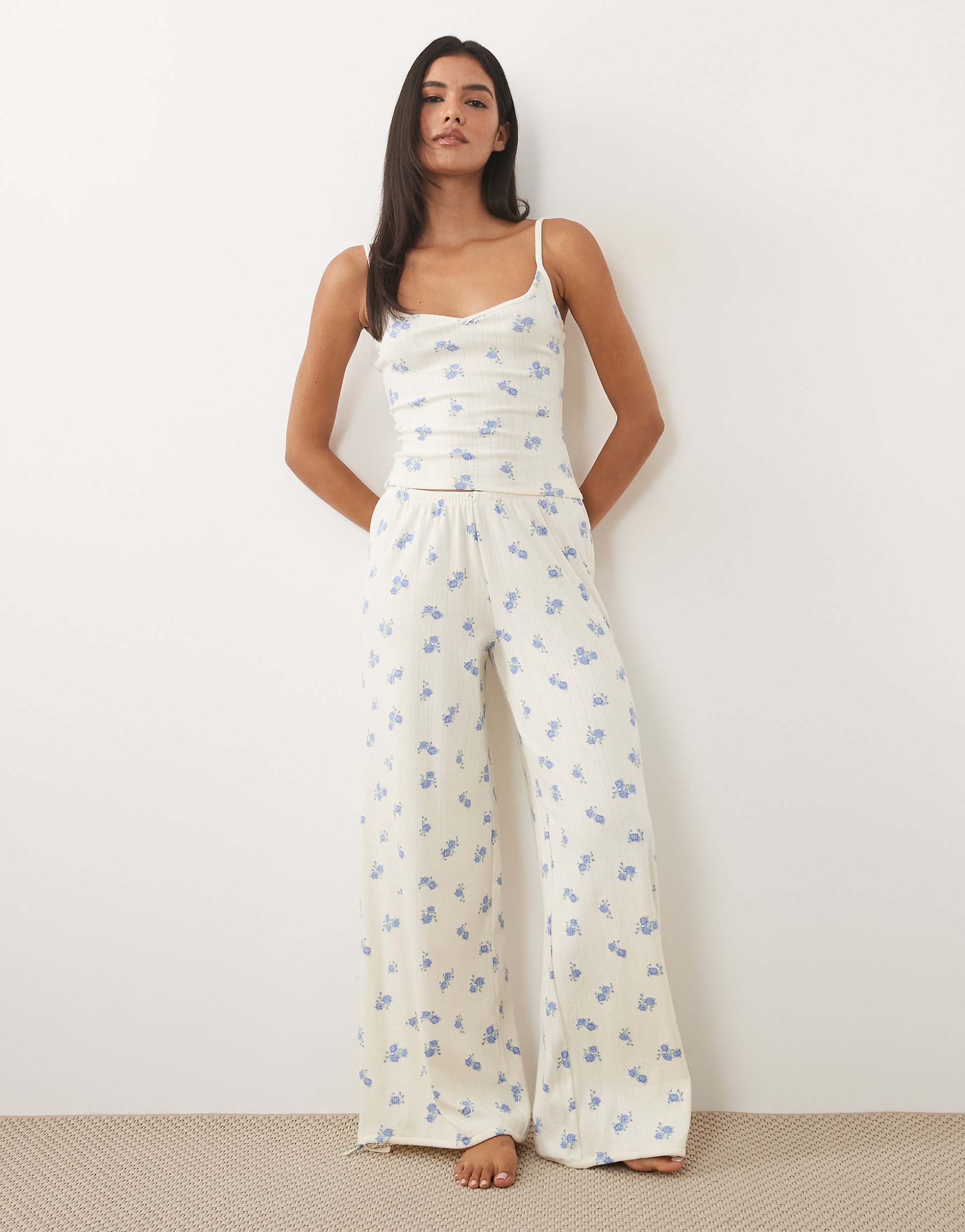 Cotton On pointelle longline cami top and wide leg pants pajama set in delicate floral