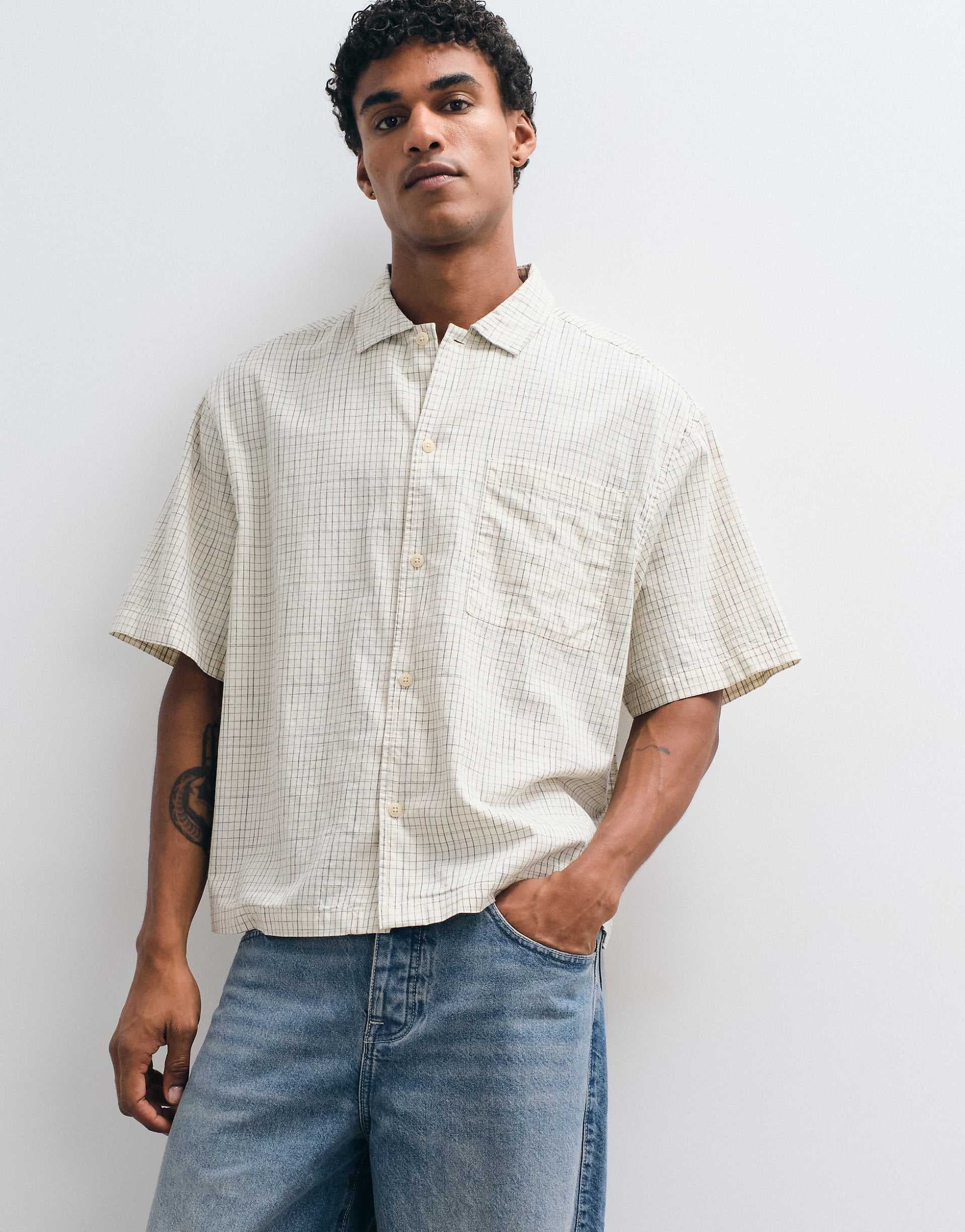 ASOS DESIGN boxy oversized plaid shirt in stone