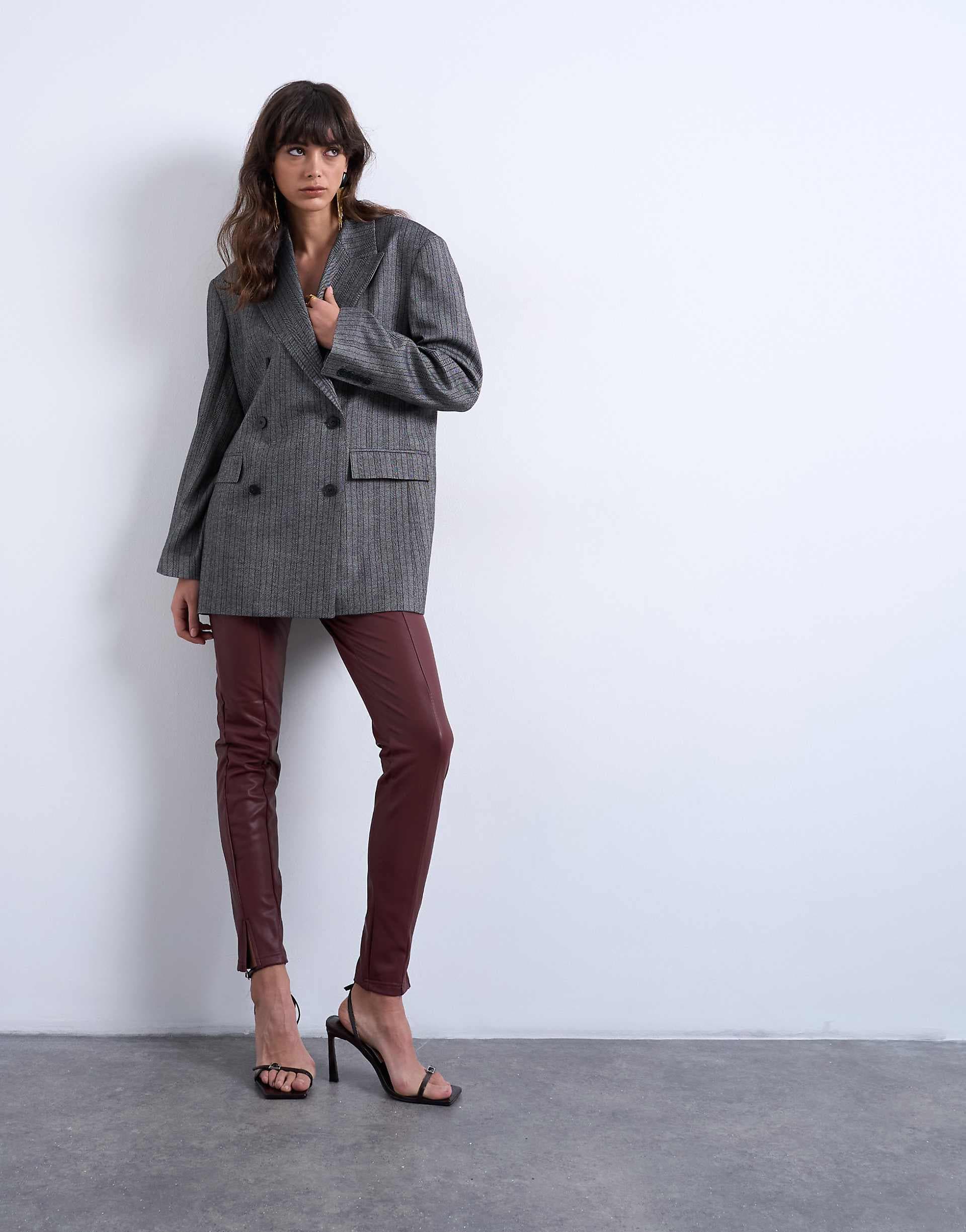 Topshop faux leather drainpipe skinny pants in burgundy