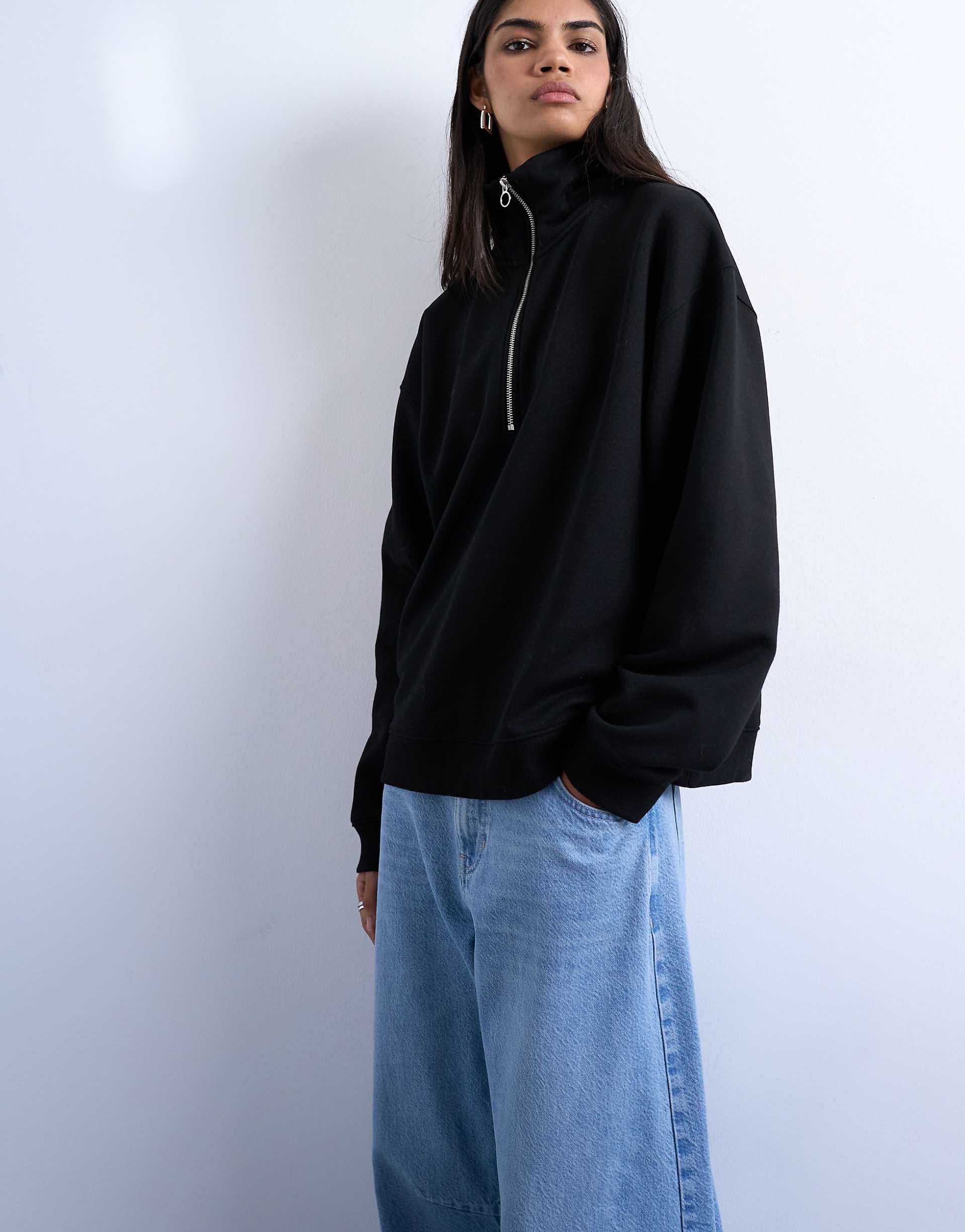 Topshop quarter zip sweat in black