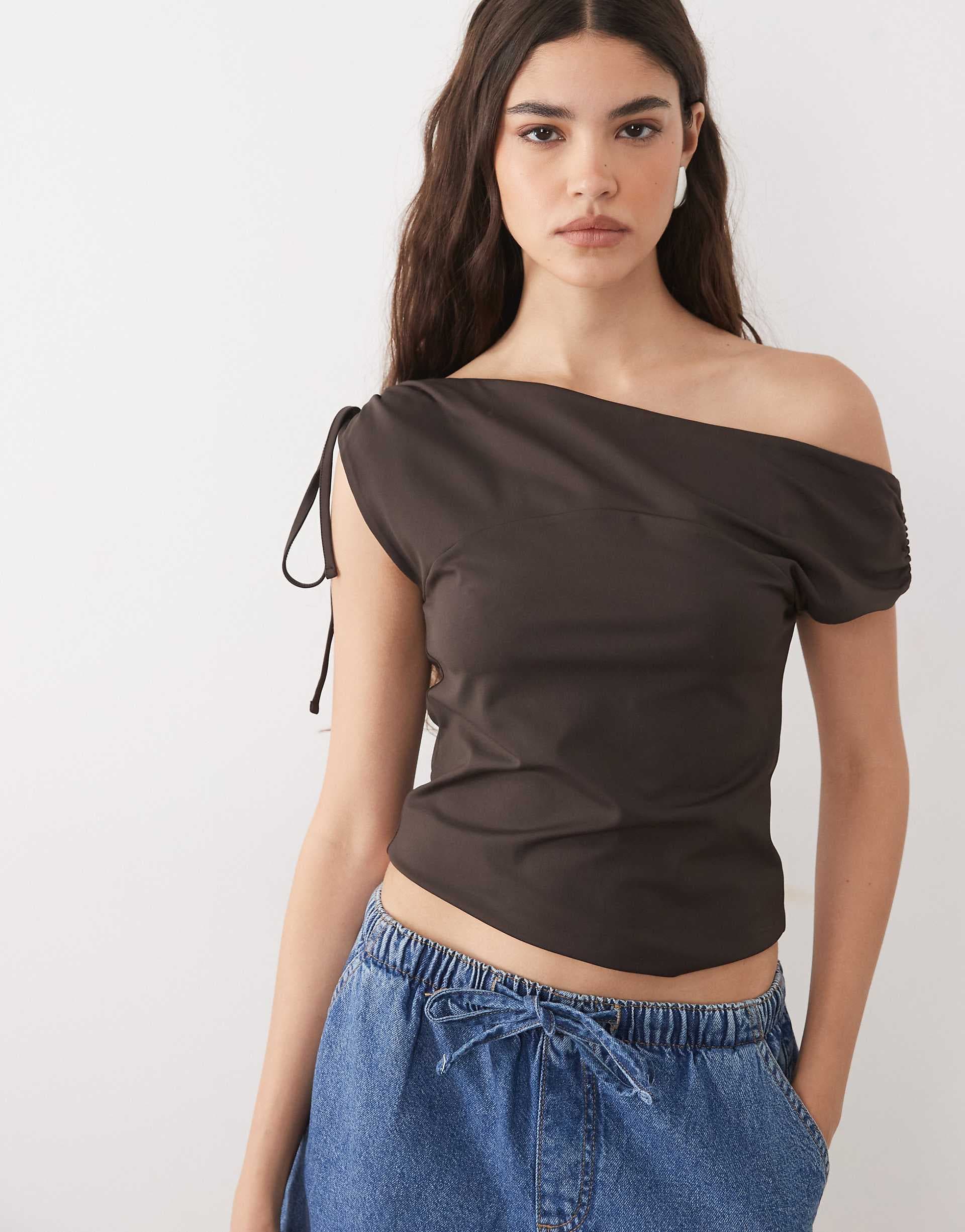 ASOS DESIGN off-shoulder with tie detail top in chocolate